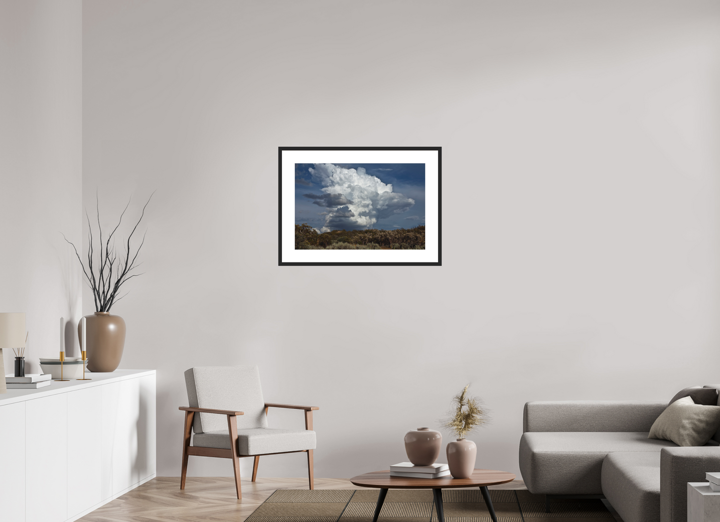 30 x 20″, Solid 0.8" Black Wood Frame With 3" Natural White Passe-Partout with Museum Glass Billowing Clouds