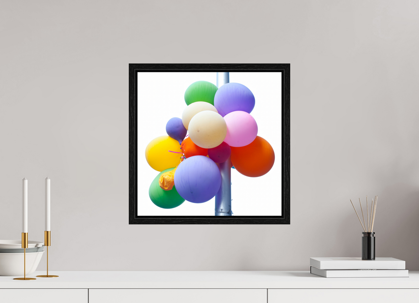 15 x 15″, Floater Frame Colorful Ballons Tied to a Lamp Post