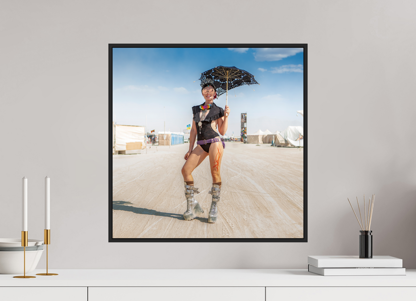 20 x 20″, Black Matte Frame, No Border Burning Man - Attendee with Parasol