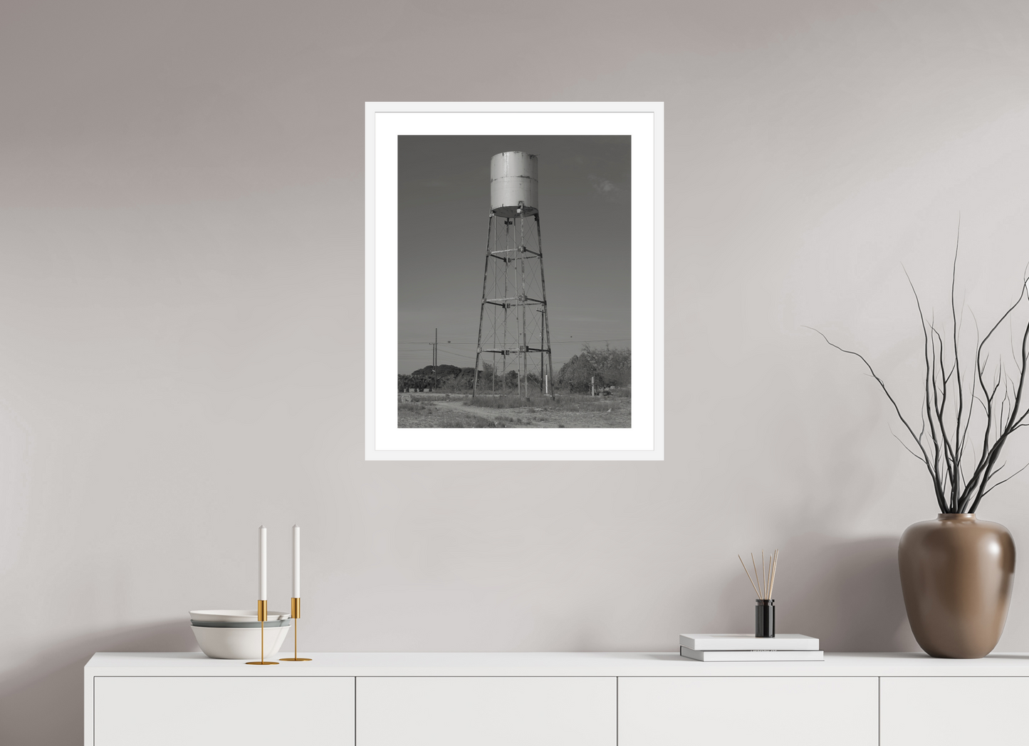 20 x 25″, Solid 0.8" White Wood Frame With 2" Natural White Passe-Partout with Museum Glass Cylinder Water Tower