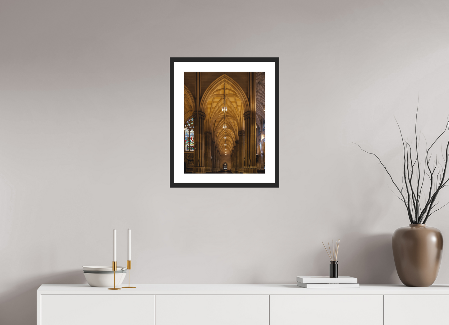 16 x 20″, Solid 0.8" Black Wood Frame With 2" Natural White Passe-Partout with Museum Glass Gothic Archway, St. Patrick's Cathedral