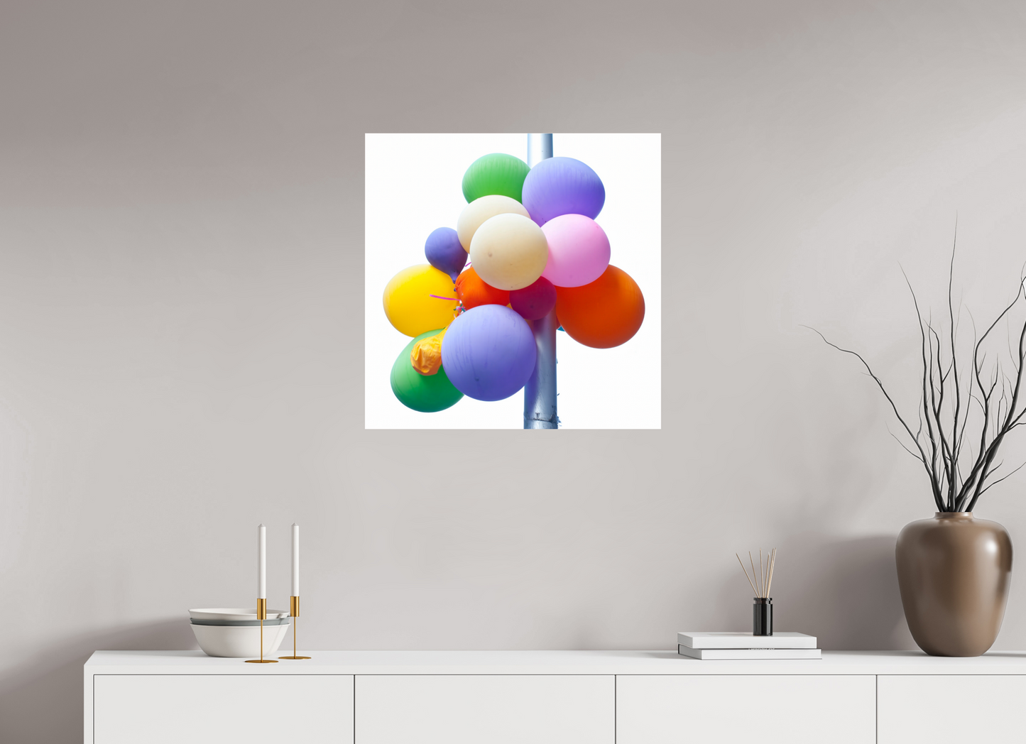 25 x 25″, Frameless Acrylic Glass Colorful Ballons Tied to a Lamp Post
