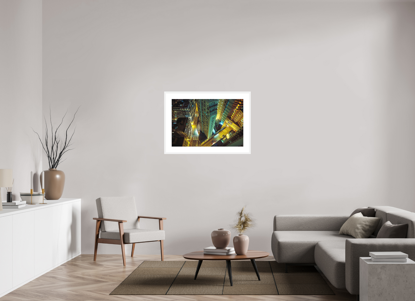 36 x 24″, Solid 0.8" White Wood Frame With 3" Natural White Passe-Partout with Museum Glass Downtown Hong Kong