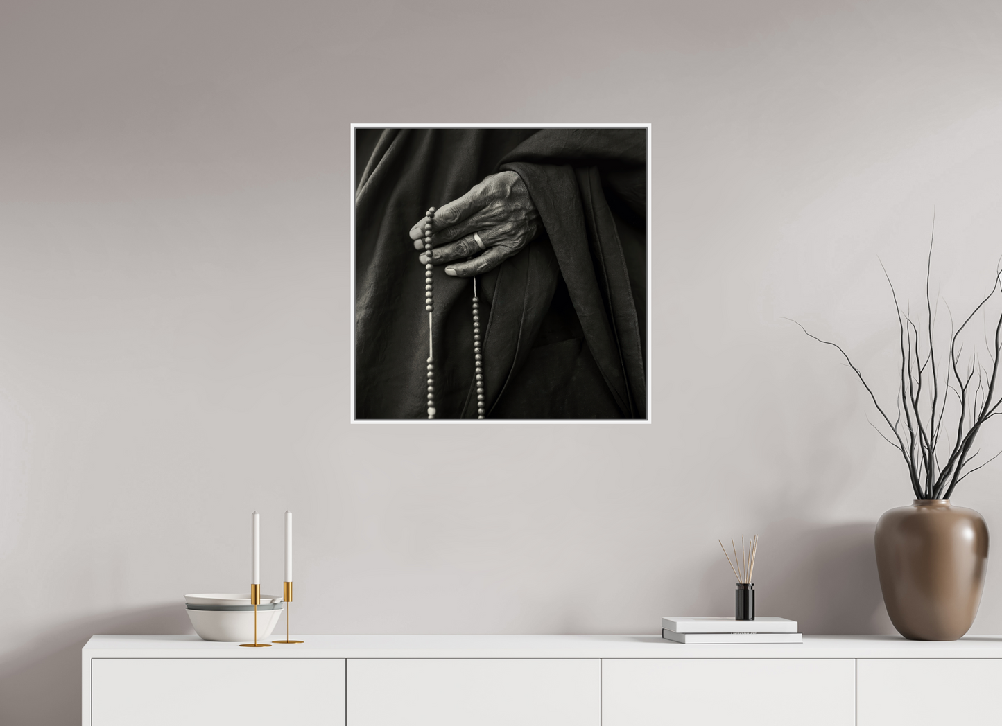25 x 25″, White Matte Frame, No Border Tibetan Monk Hand with Prayer Beads