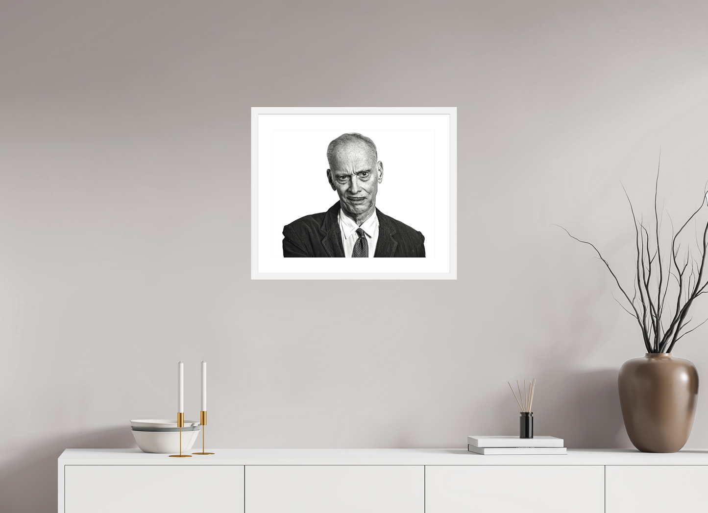 20 x 16″, Solid 0.8" White Wood Frame With 2" Natural White Passe-Partout with Museum Glass Director John Waters Grimacing