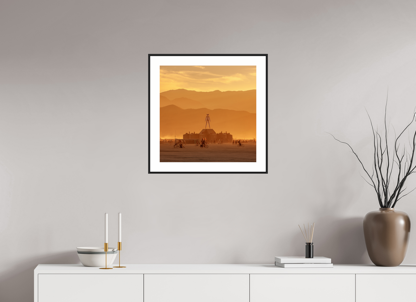 20 x 20″, Black Matte Frame Burning Man with Mountains