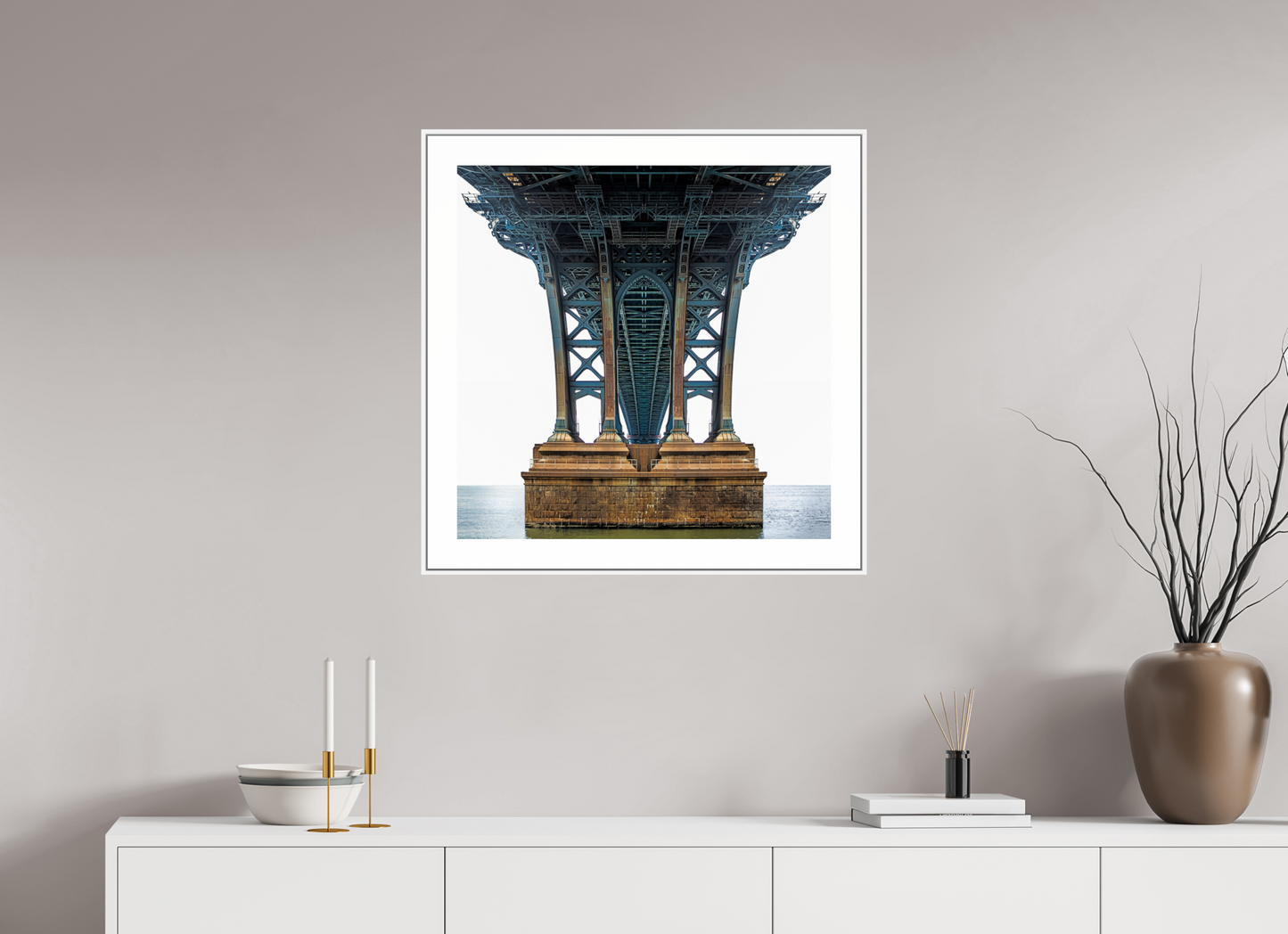 25 x 25″, White Matte Frame Manhattan Bridge