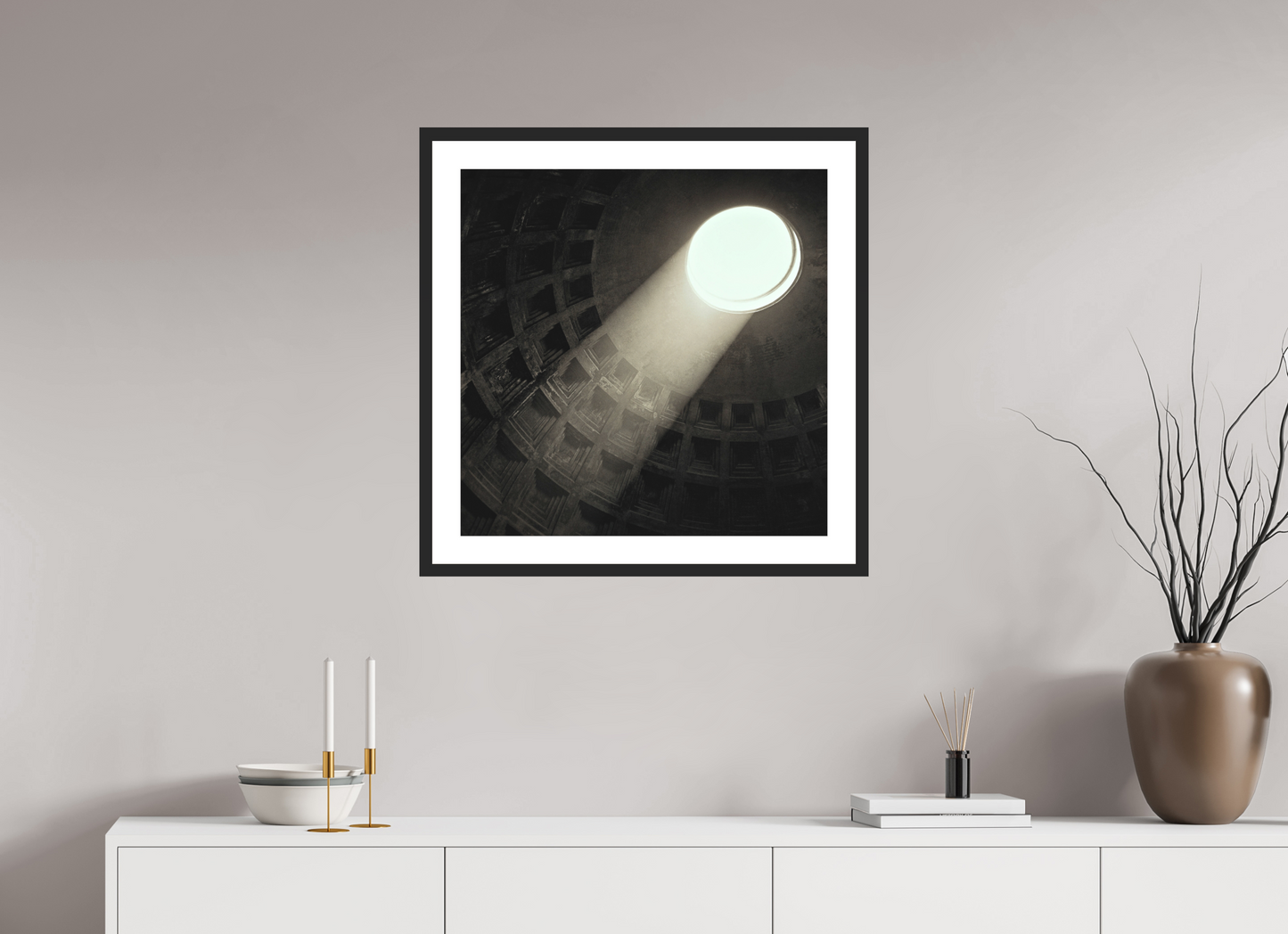 25 x 25″, Solid 0.8" Black Wood Frame With 2" Natural White Passe-Partout with Museum Glass Pantheon Ceiling