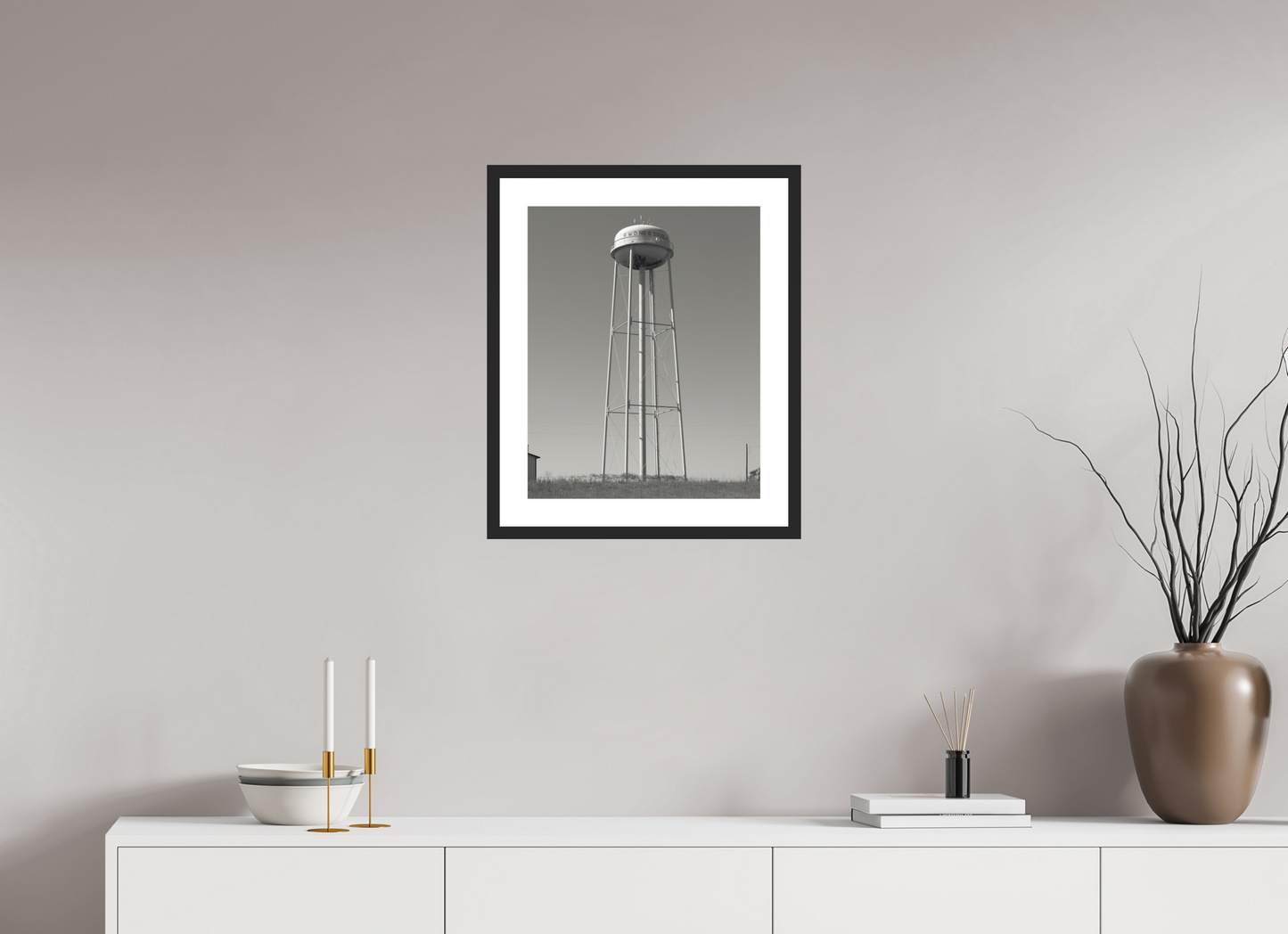 16 x 20″, Solid 0.8" Black Wood Frame With 2" Natural White Passe-Partout with Museum Glass Water Tower  RWD No. 6