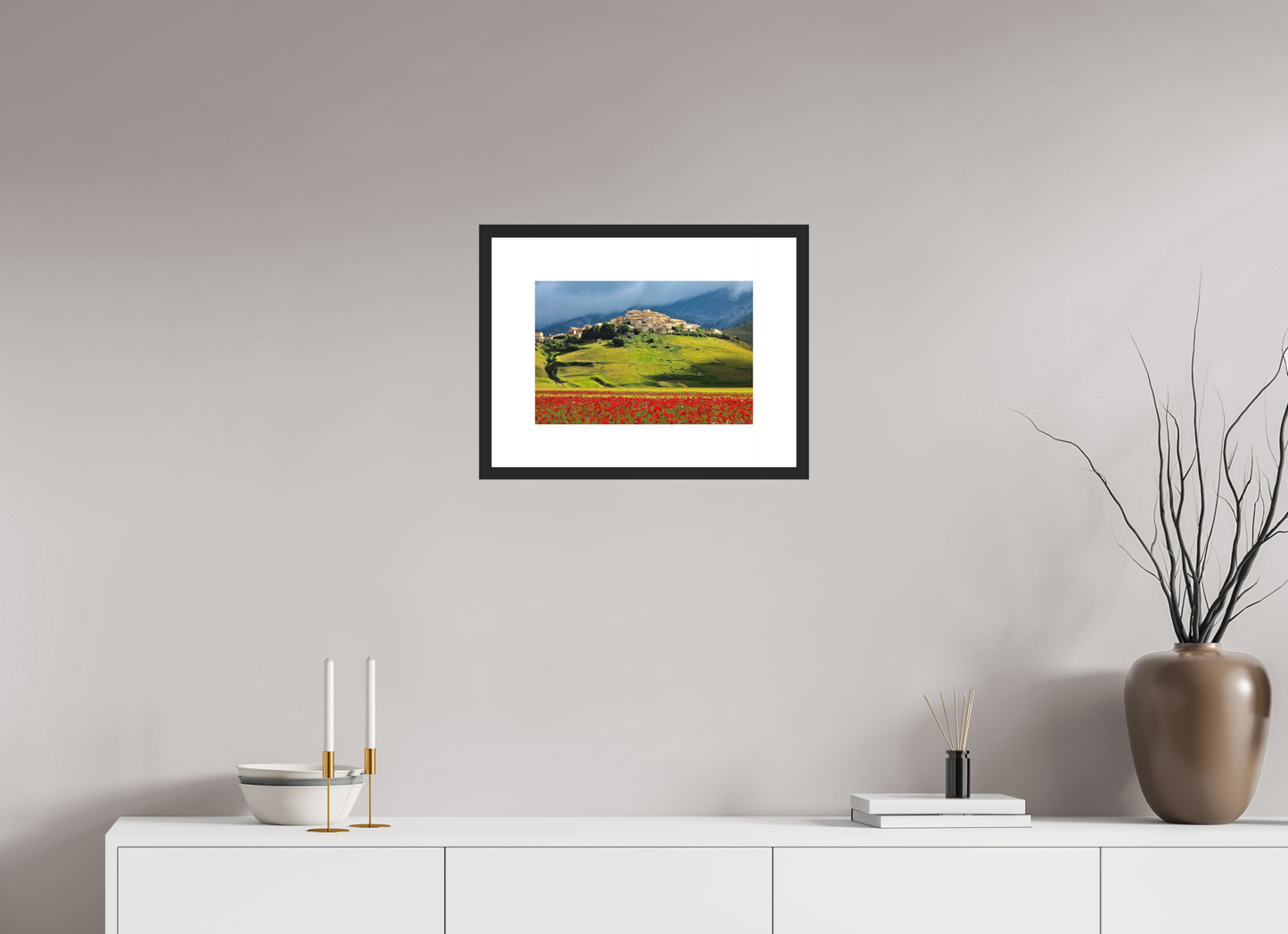 15 x 10″, Solid 0.8" Black Wood Frame With 3" Natural White Passe-Partout with Museum Glass Castelucci, Umbrian Landscape