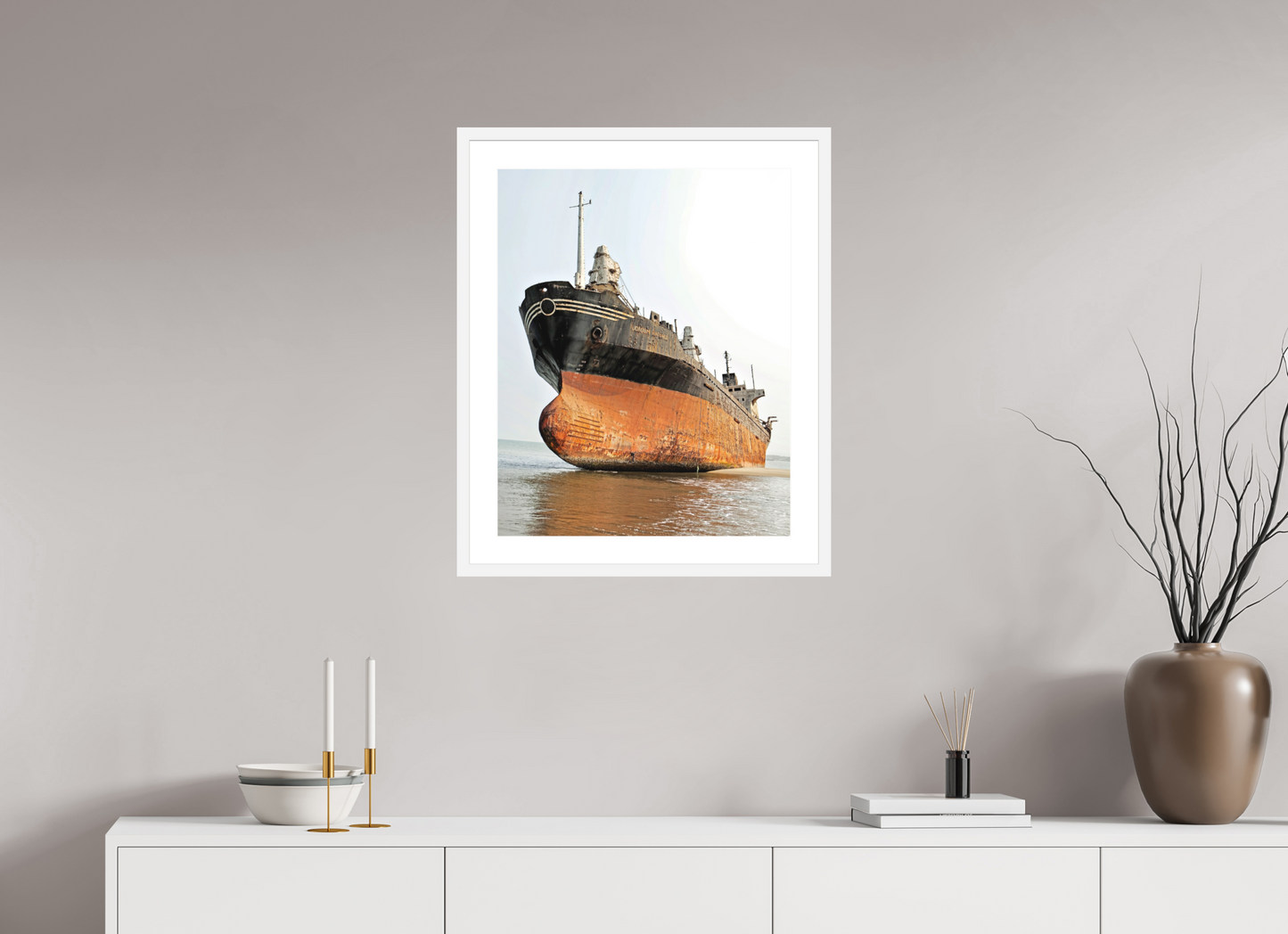 20 x 25″, Solid 0.8" White Wood Frame With 2" Natural White Passe-Partout with Museum Glass Beached Ship Angola