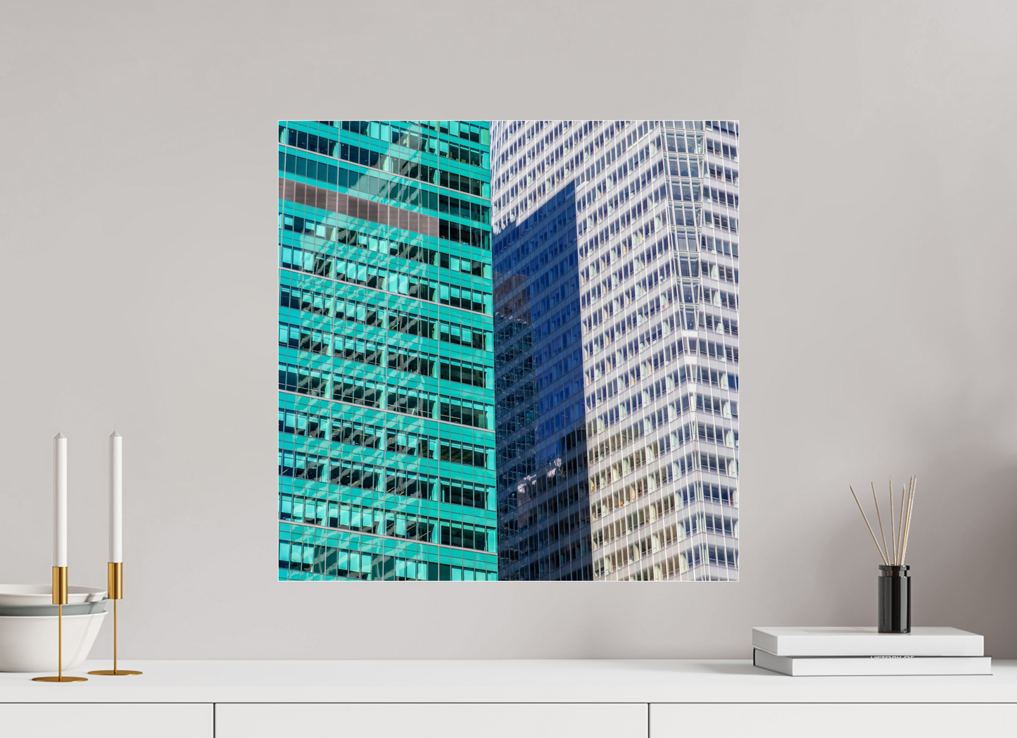 20 x 20″, Frameless Acrylic Glass Green and White Office Buildings