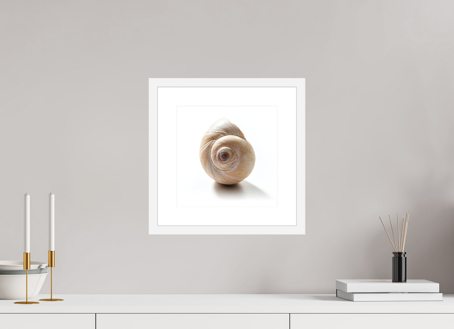 10 x 10″, Solid 0.8" White Wood Frame With 2" Natural White Passe-Partout with Museum Glass Large Sea Shell