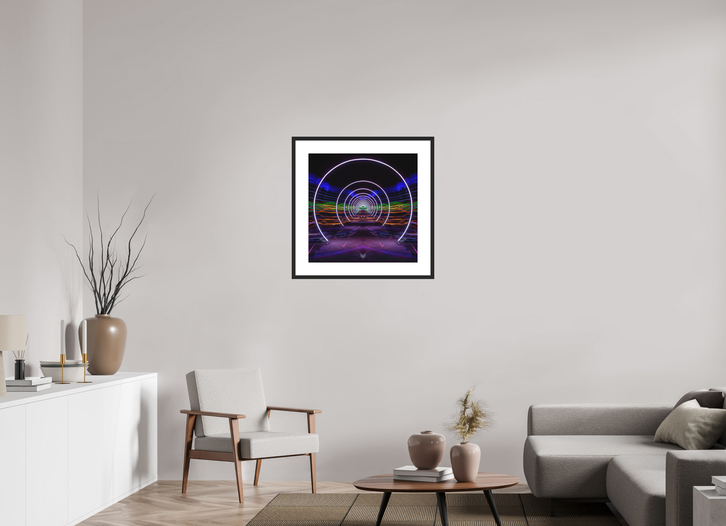 25 x 25″, Solid 0.8" Black Wood Frame With 3" Natural White Passe-Partout with Museum Glass Burning Man - Concentric Circles of Light