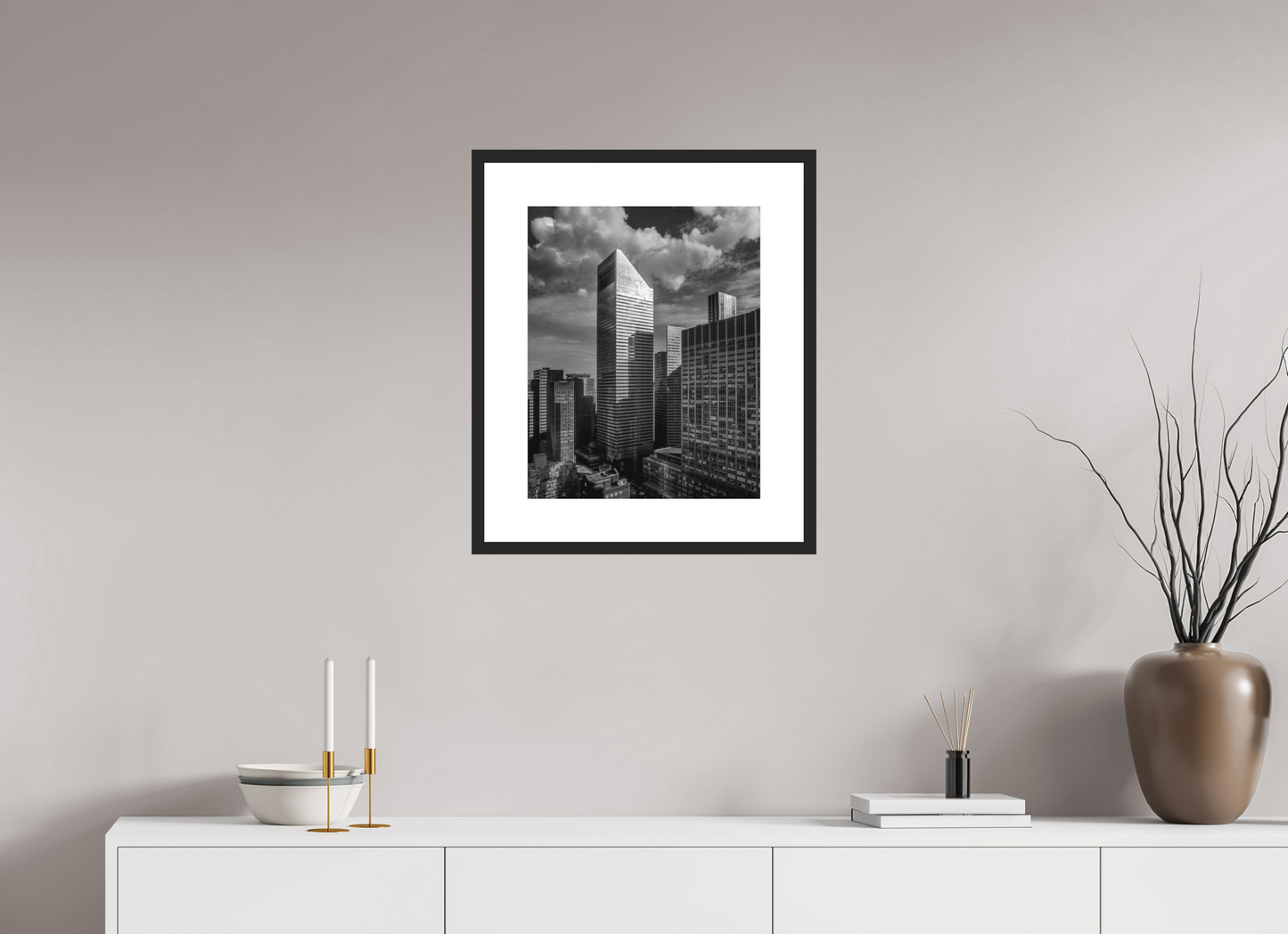16 x 20″, Solid 0.8" Black Wood Frame With 3" Natural White Passe-Partout with Museum Glass Citicorp Tower