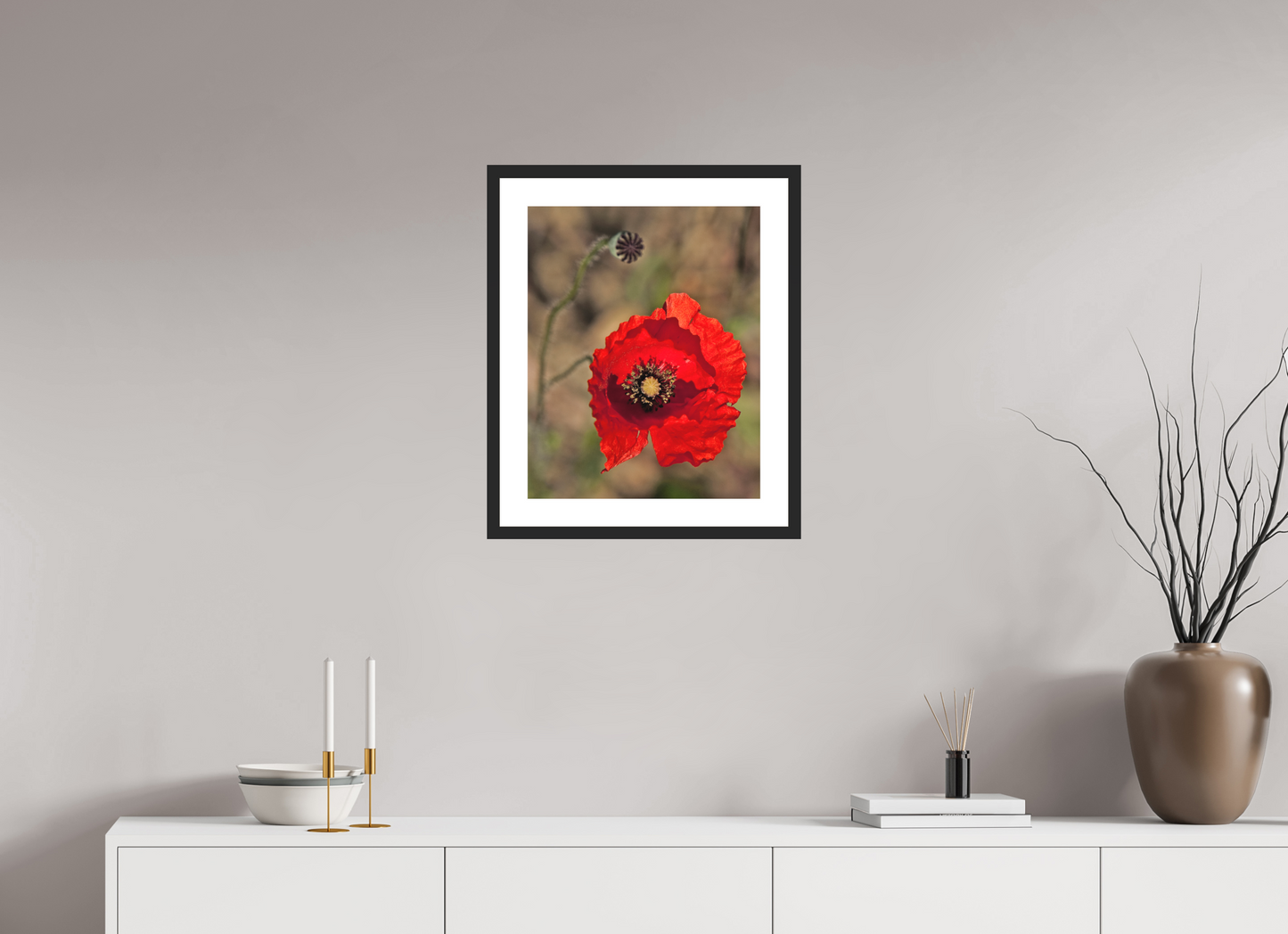 16 x 20″, Solid 0.8" Black Wood Frame With 2" Natural White Passe-Partout with Museum Glass Poppy