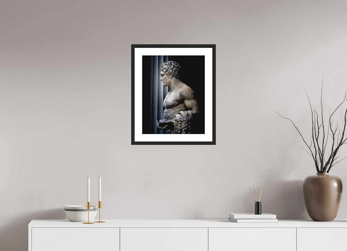 16 x 20″, Solid 0.8" Black Wood Frame With 2" Natural White Passe-Partout with Museum Glass Hercules Statue