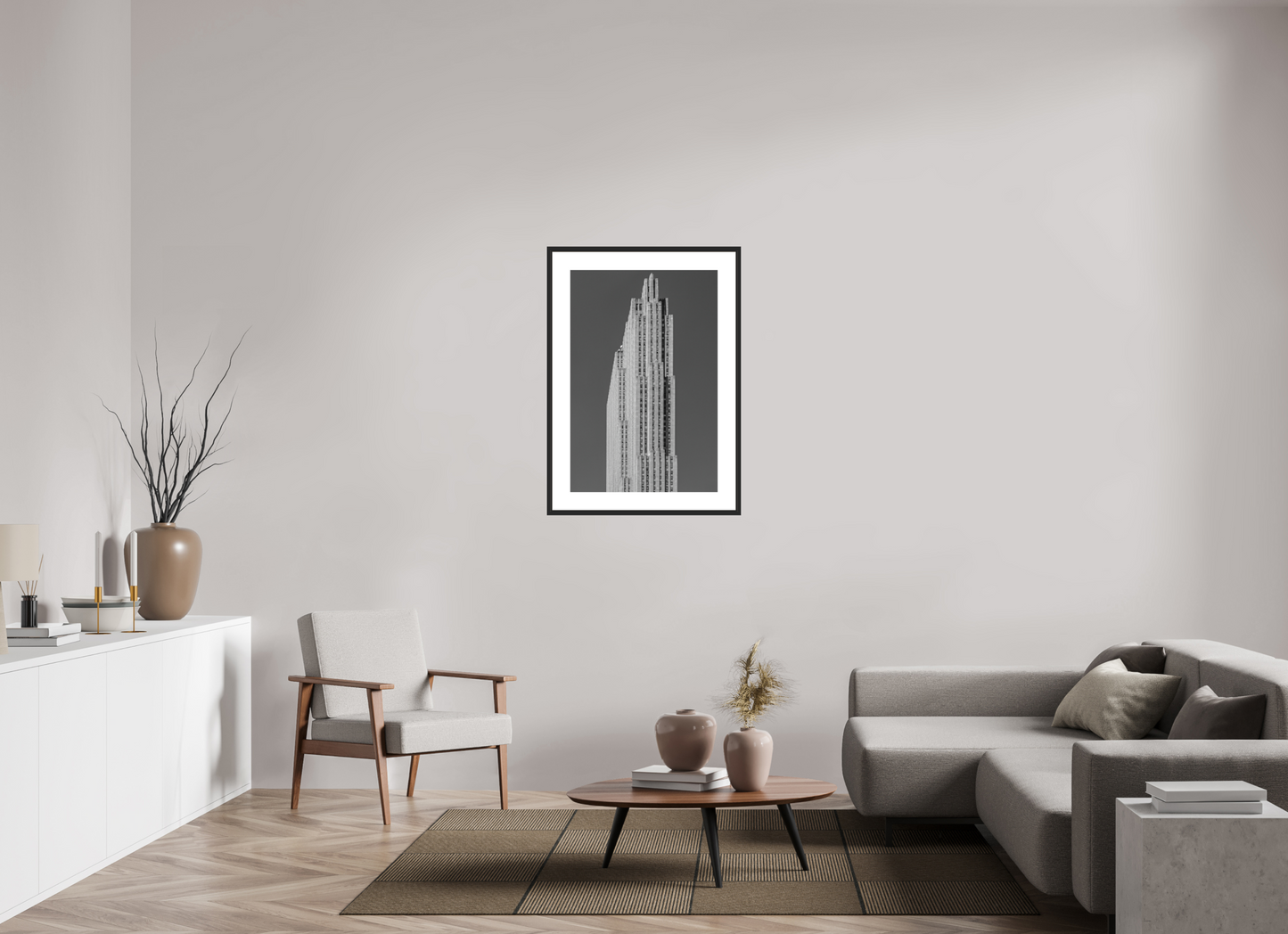 24 x 36″, Solid 0.8" Black Wood Frame With 3" Natural White Passe-Partout with Museum Glass Rockefeller Center