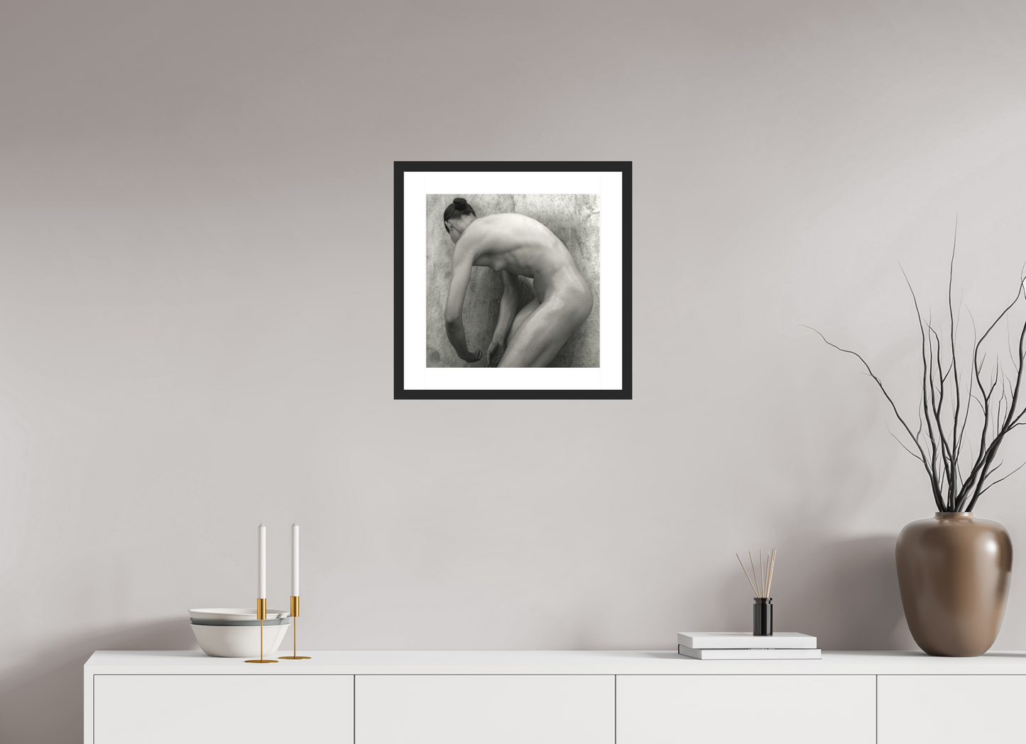 15 x 15″, Solid 0.8" Black Wood Frame With 2" Natural White Passe-Partout with Museum Glass Nude No. 60 - square