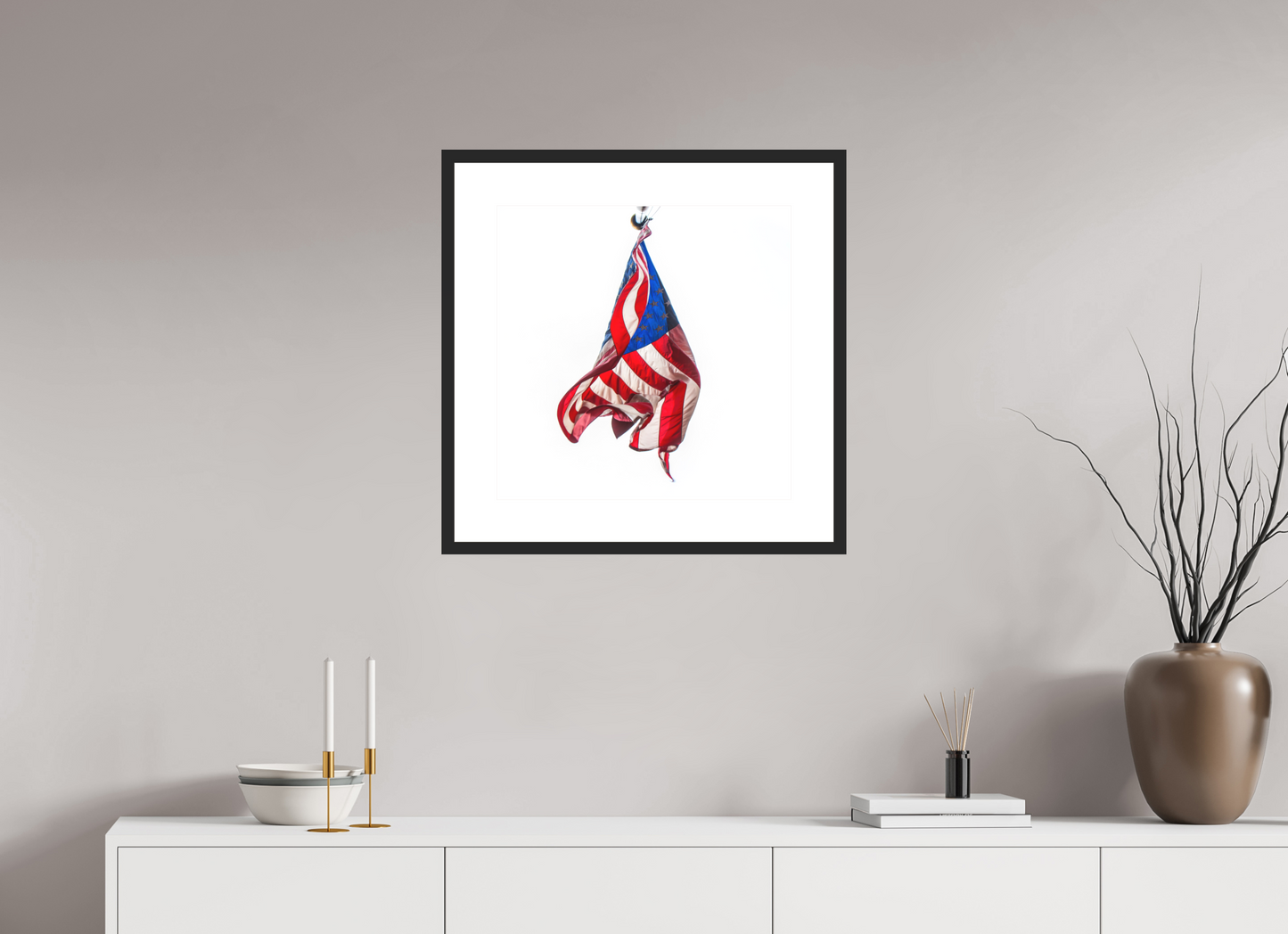 20 x 20″, Solid 0.8" Black Wood Frame With 3" Natural White Passe-Partout with Museum Glass Crumpled USA Flag