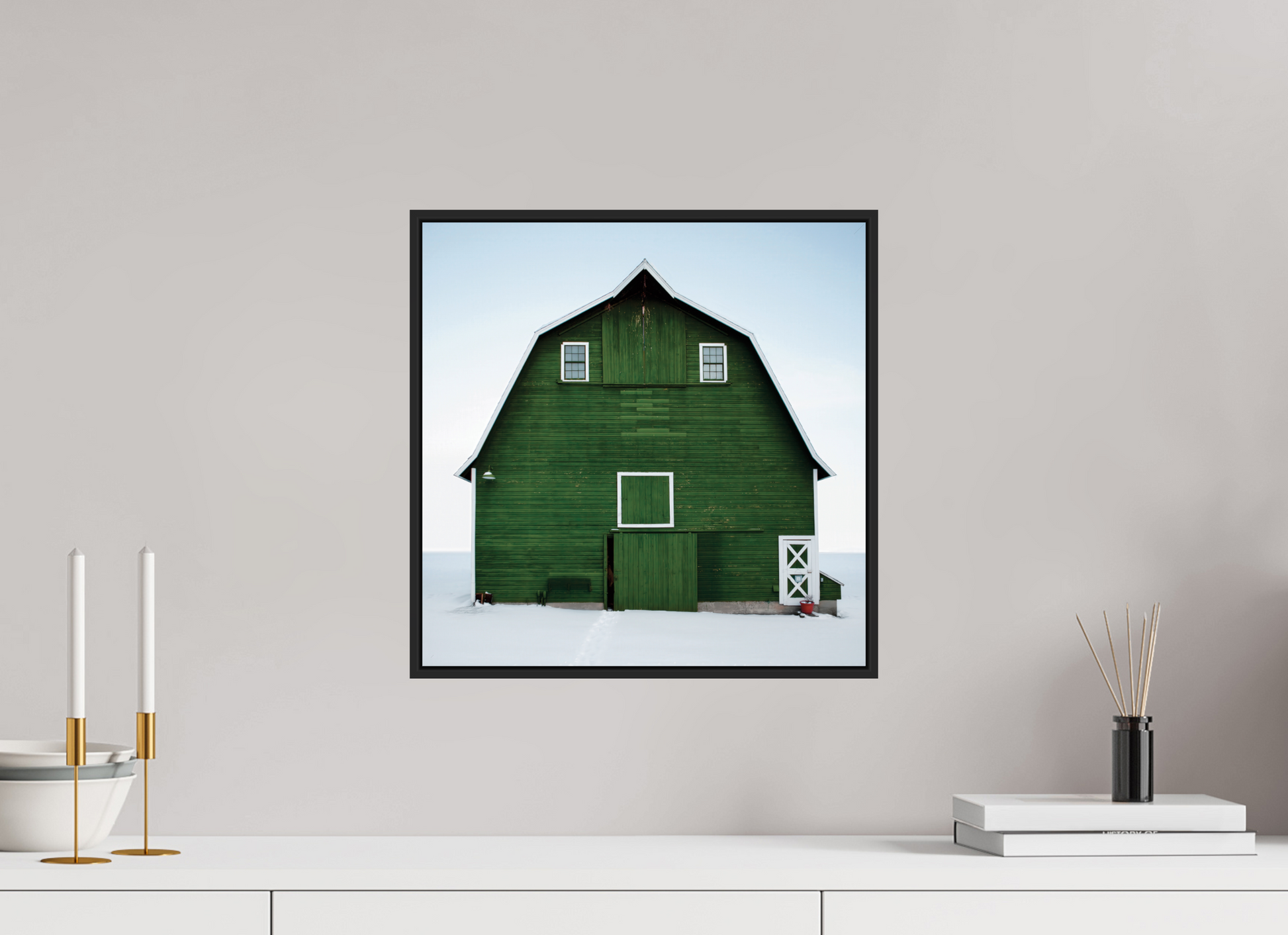 15 x 15″, Black Matte Frame, No Border Green Barn