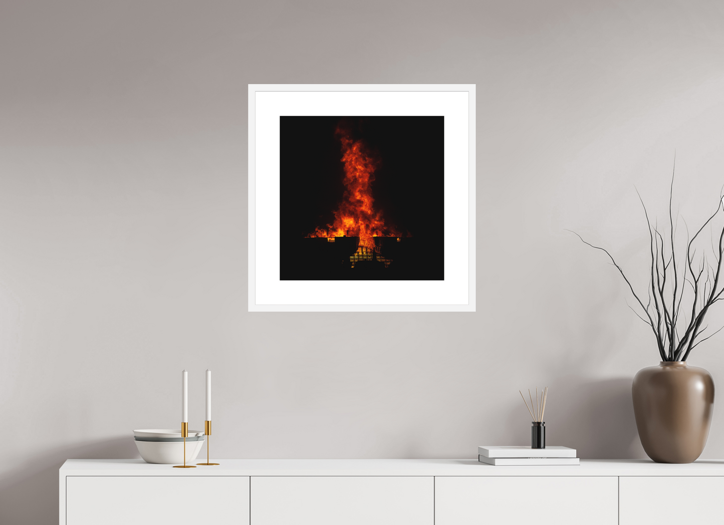20 x 20″, Solid 0.8" White Wood Frame With 3" Natural White Passe-Partout with Museum Glass Burning Man - Flames