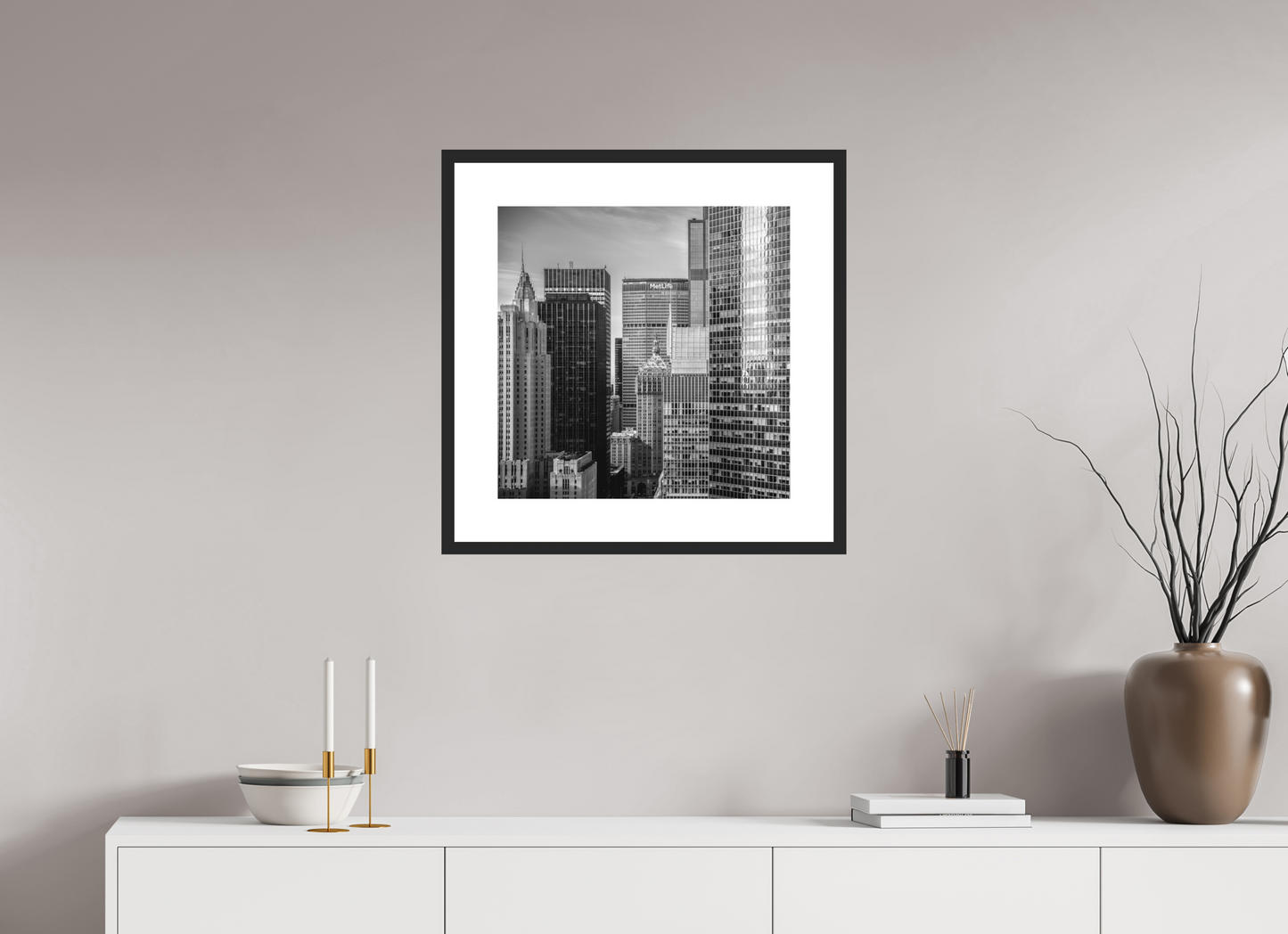 20 x 20″, Solid 0.8" Black Wood Frame With 3" Natural White Passe-Partout with Museum Glass Midtown New York City