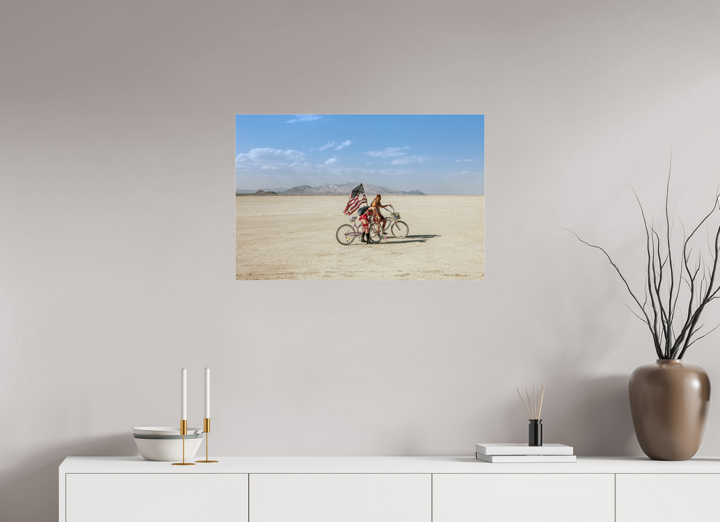 30 x 20″, Frameless Acrylic Glass Burning Man - Two with Bikes and USA Flag