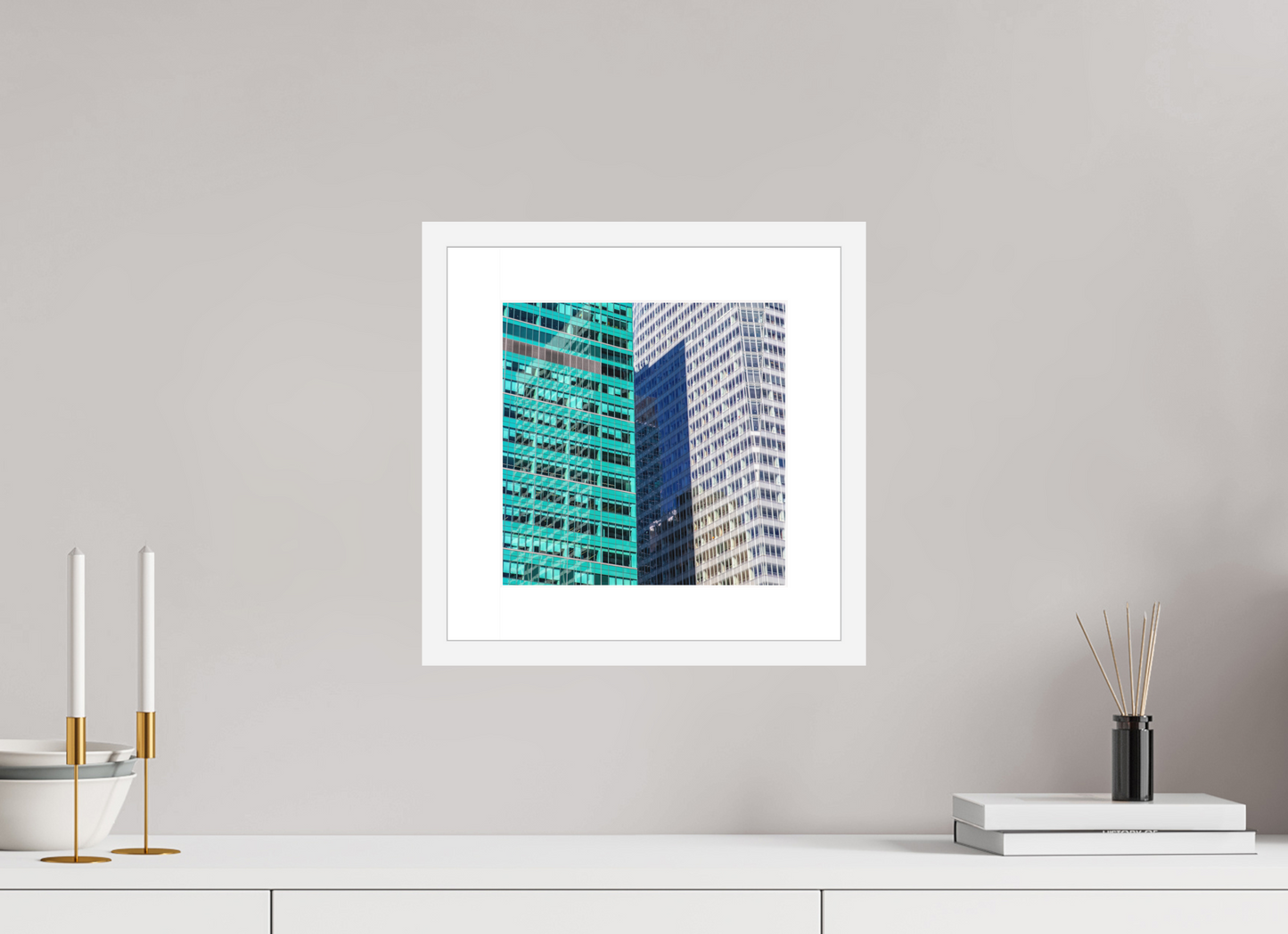 10 x 10″, Solid 0.8" White Wood Frame With 2" Natural White Passe-Partout with Museum Glass Green and White Office Buildings