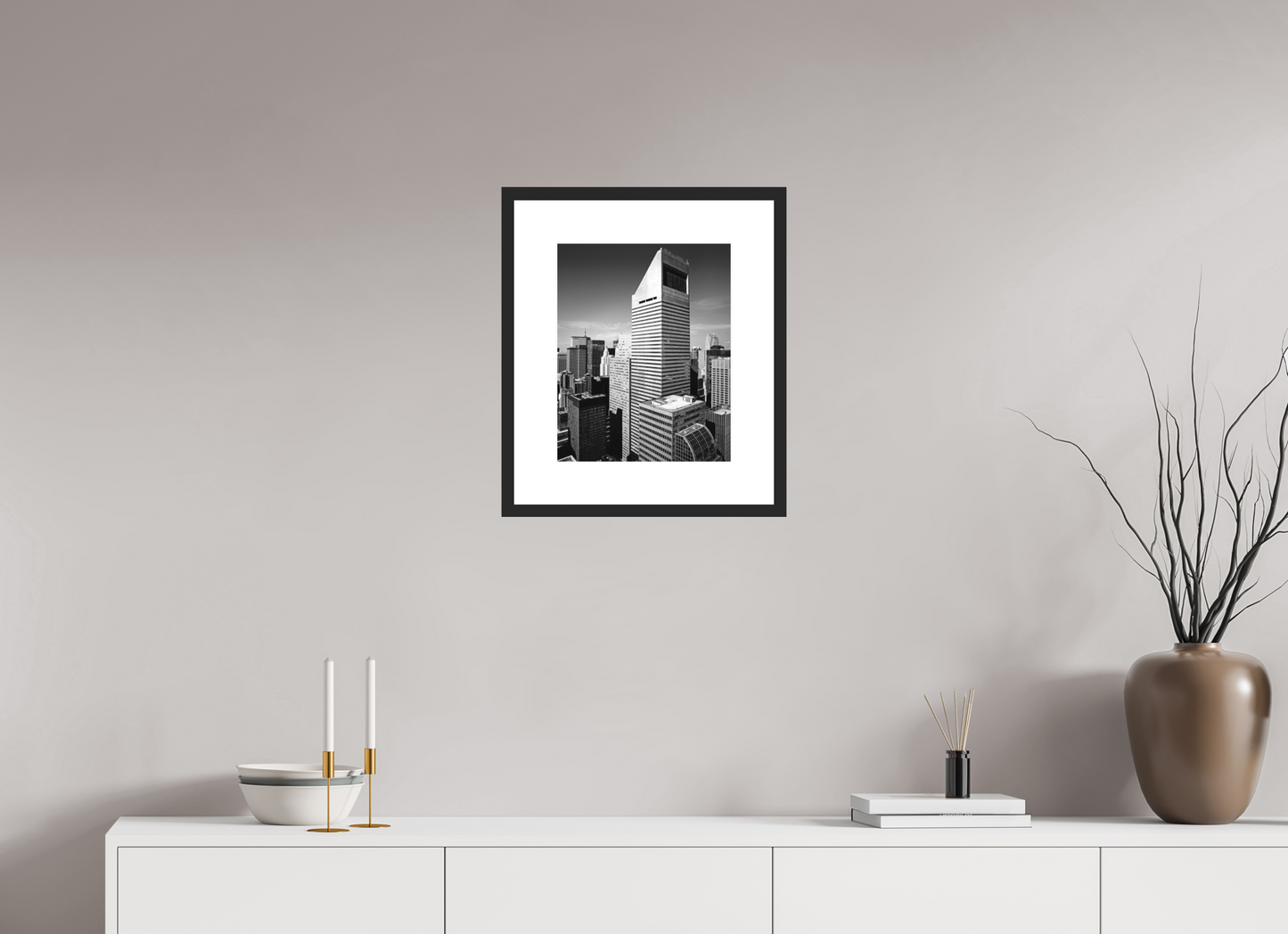 12 x 15″, Solid 0.8" Black Wood Frame With 3" Natural White Passe-Partout with Museum Glass Citigroup Tower