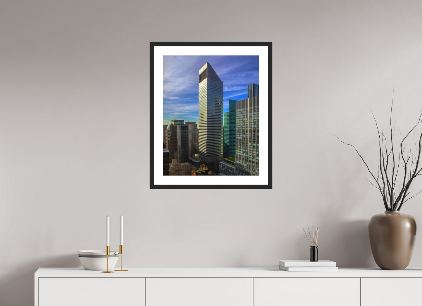 20 x 25″, Solid 0.8" Black Wood Frame With 2" Natural White Passe-Partout with Museum Glass CitiCorp Tower