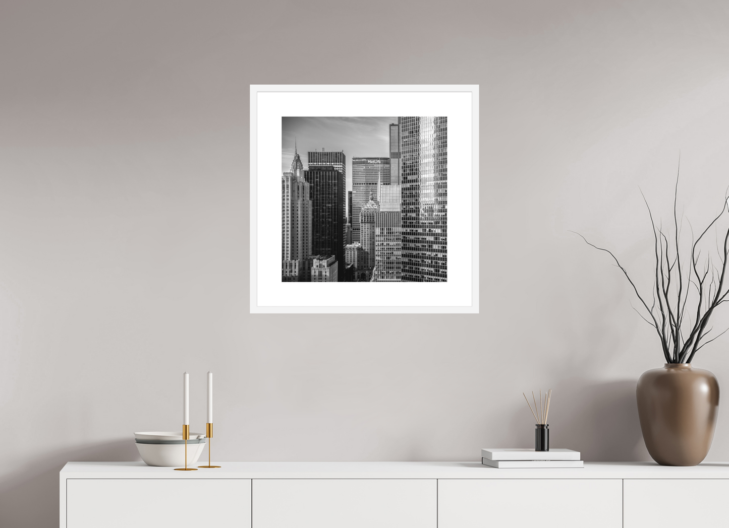20 x 20″, Solid 0.8" White Wood Frame With 3" Natural White Passe-Partout with Museum Glass Midtown New York City