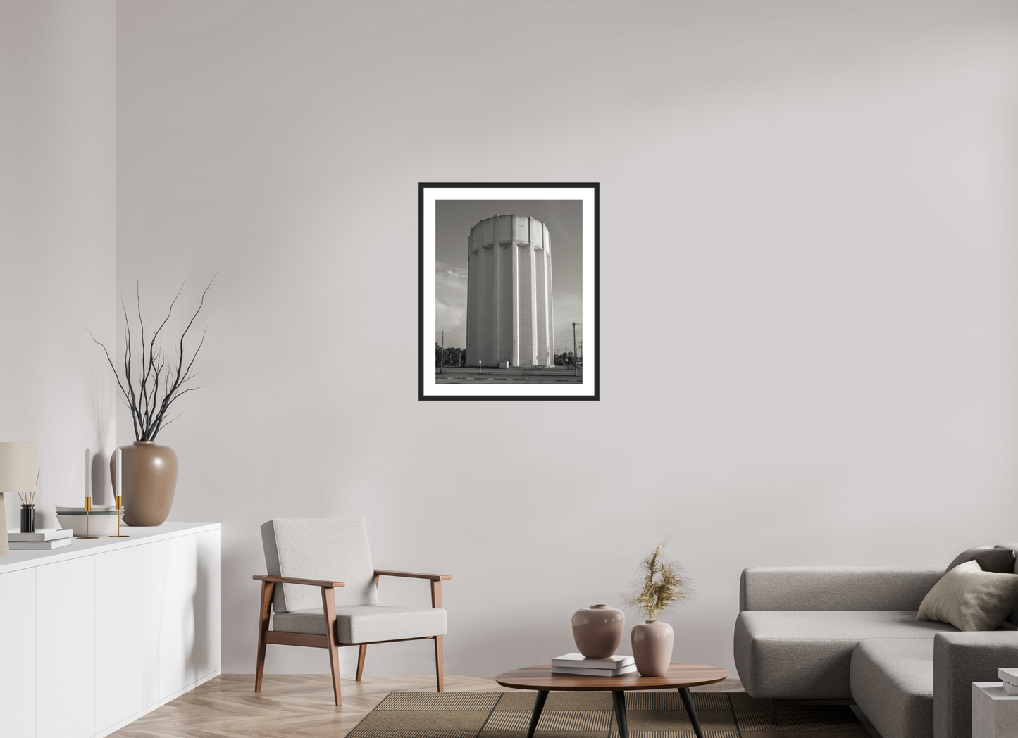 24 x 30″, Solid 0.8" Black Wood Frame With 2" Natural White Passe-Partout with Museum Glass Ribbed Water Tower Kansas