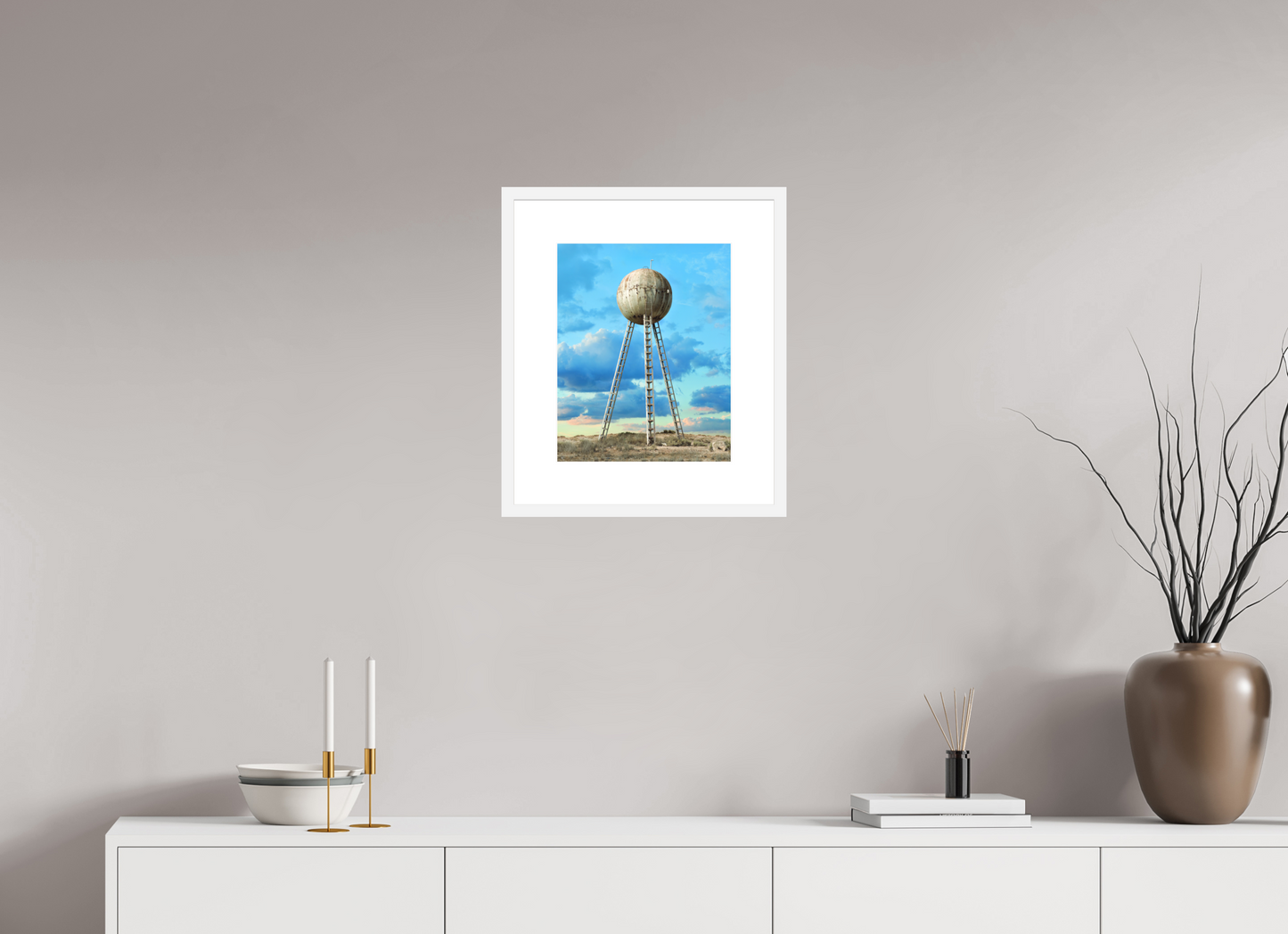 12 x 15″, Solid 0.8" White Wood Frame With 3" Natural White Passe-Partout with Museum Glass Spherical Water Tower - Mexico