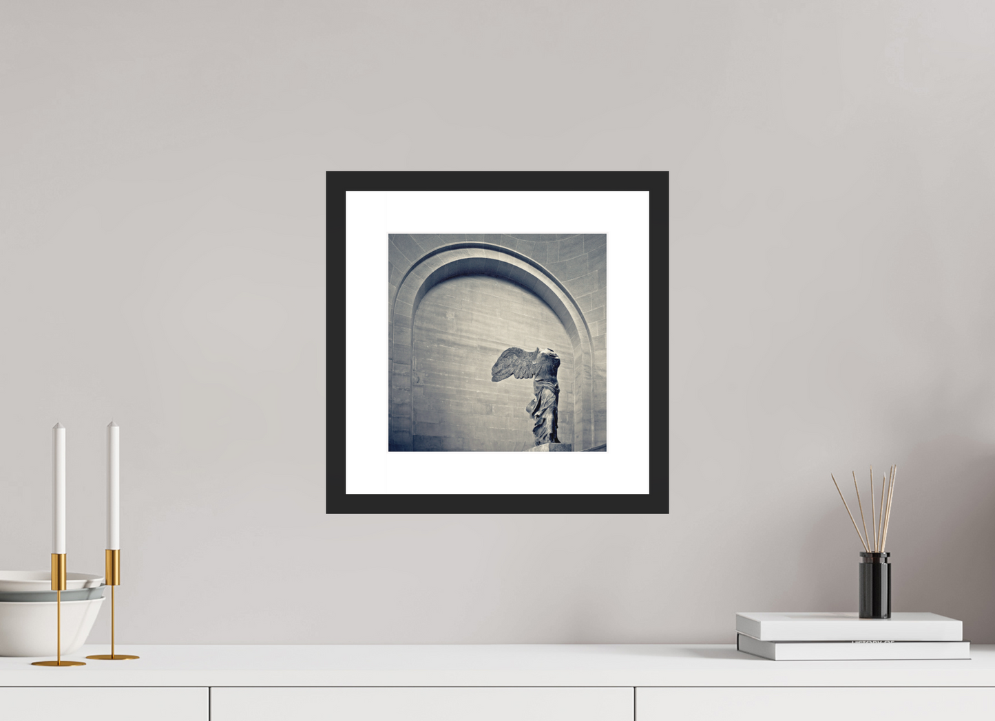 10 x 10″, Solid 0.8" Black Wood Frame With 2" Natural White Passe-Partout with Museum Glass Winged Victory of Samothrace