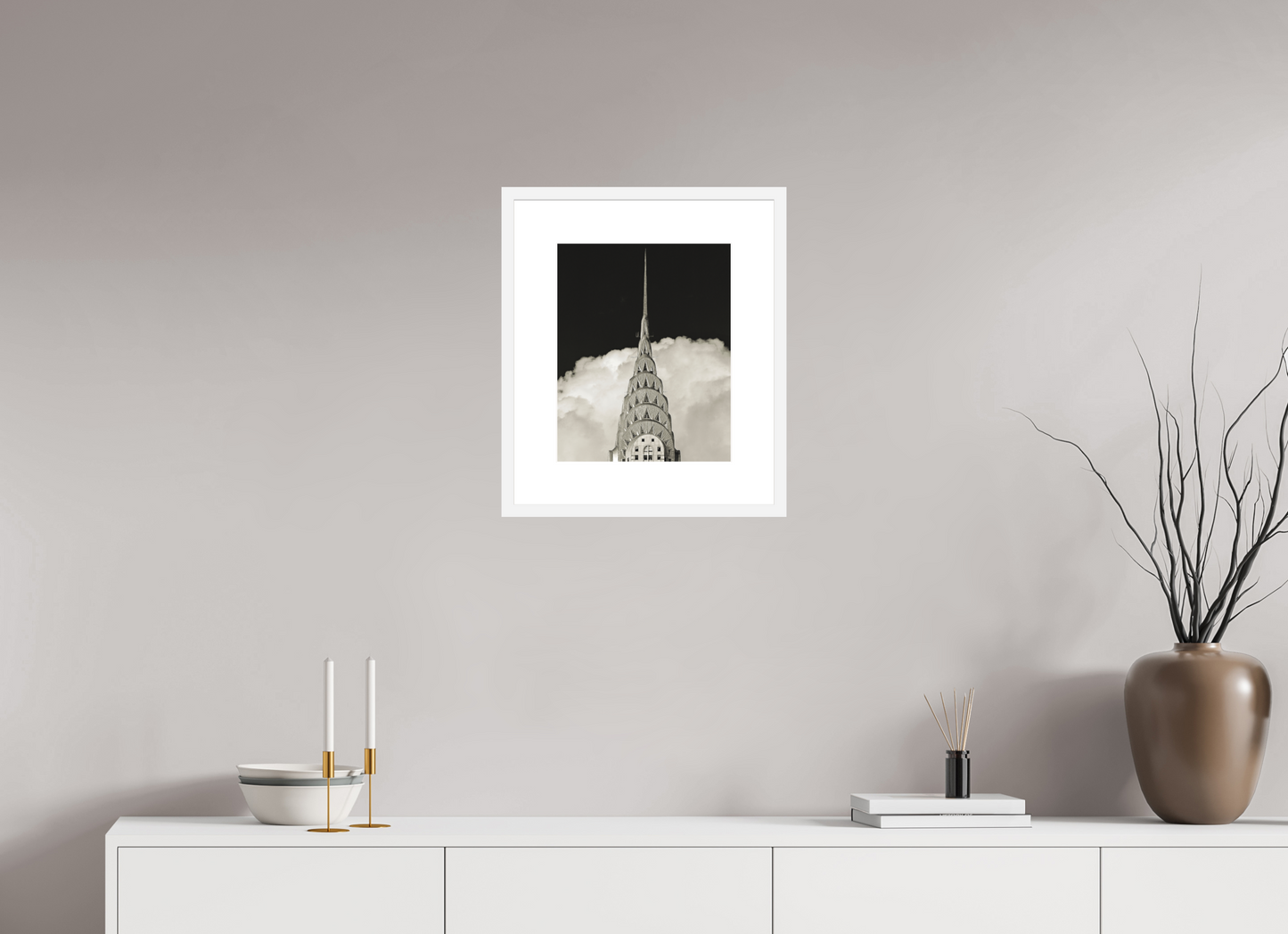 12 x 15″, Solid 0.8" White Wood Frame With 3" Natural White Passe-Partout with Museum Glass Chrysler Building Against Clouds