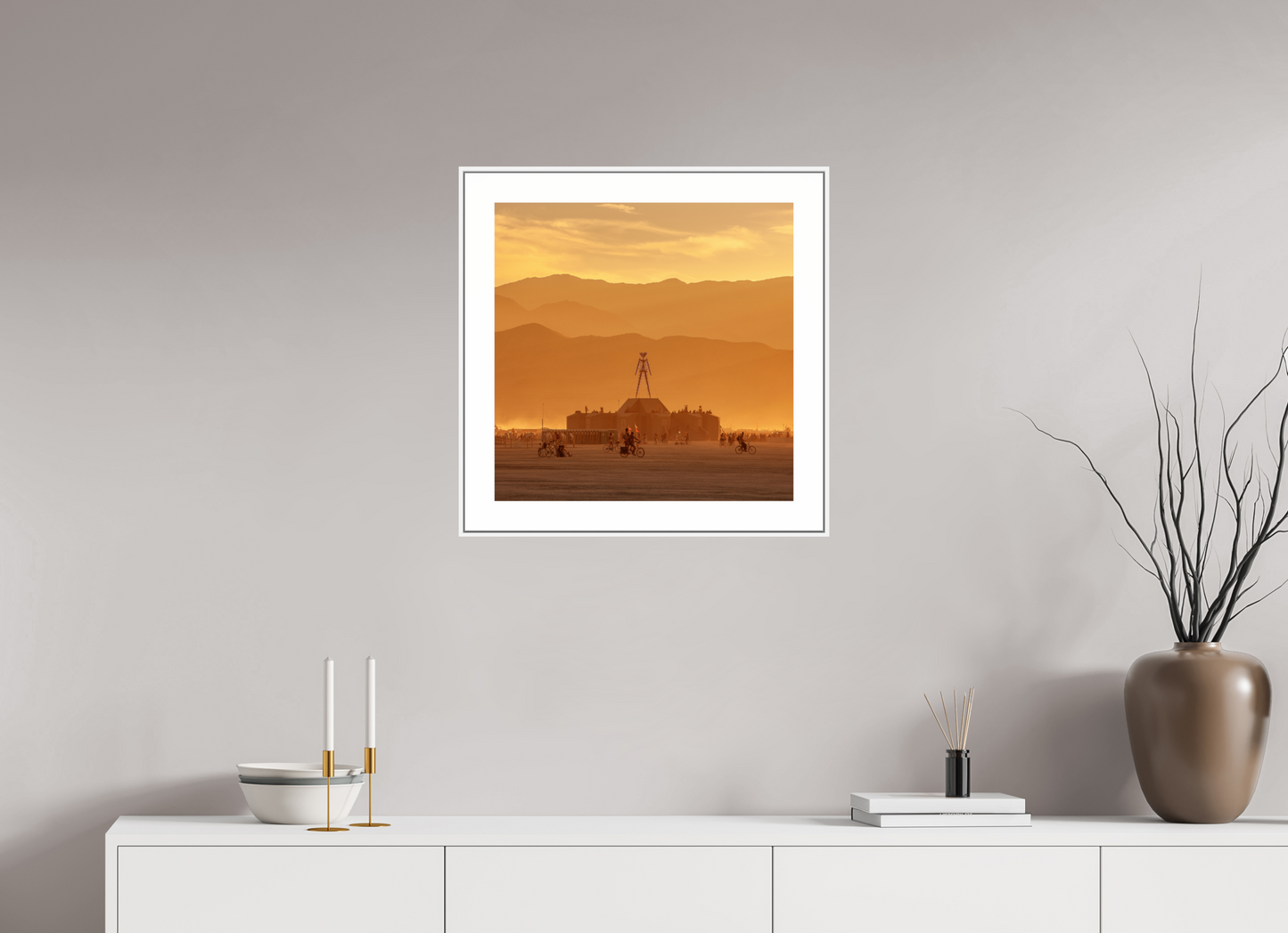 20 x 20″, White Matte Frame Burning Man with Mountains