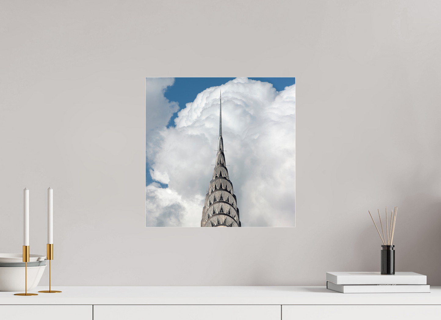 15 x 15″, Frameless Acrylic Glass Chrysler Building with Clouds