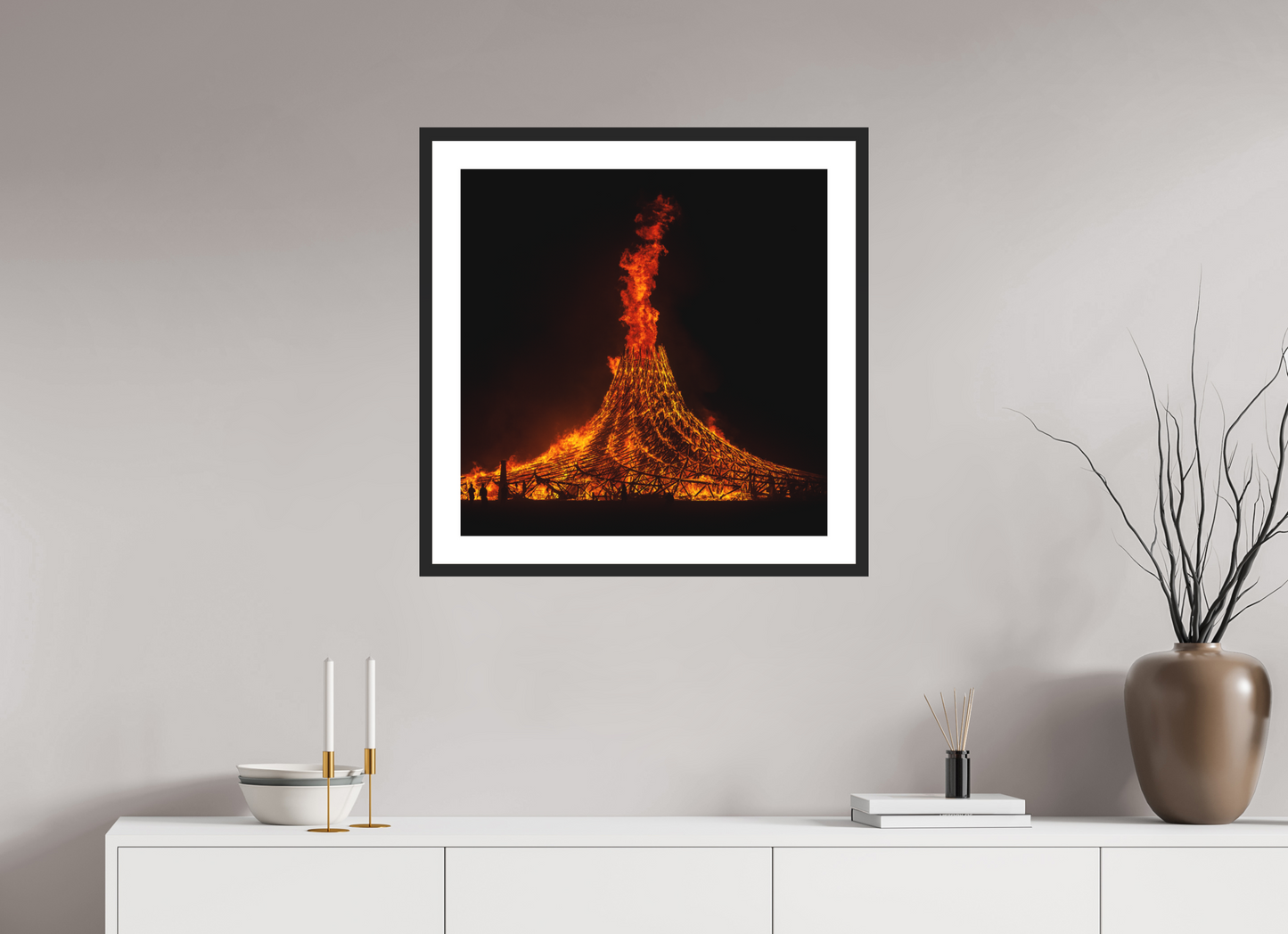 25 x 25″, Solid 0.8" Black Wood Frame With 2" Natural White Passe-Partout with Museum Glass Burning Man - Temple Burn 1