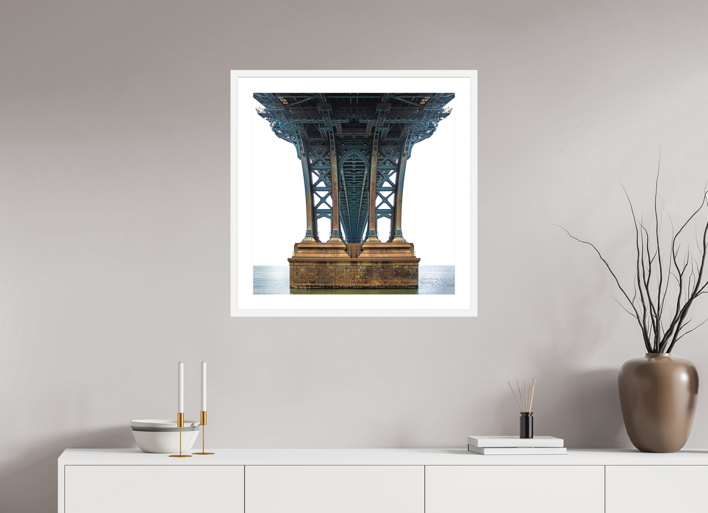 25 x 25″, Solid 0.8" White Wood Frame With 2" Natural White Passe-Partout with Museum Glass Manhattan Bridge