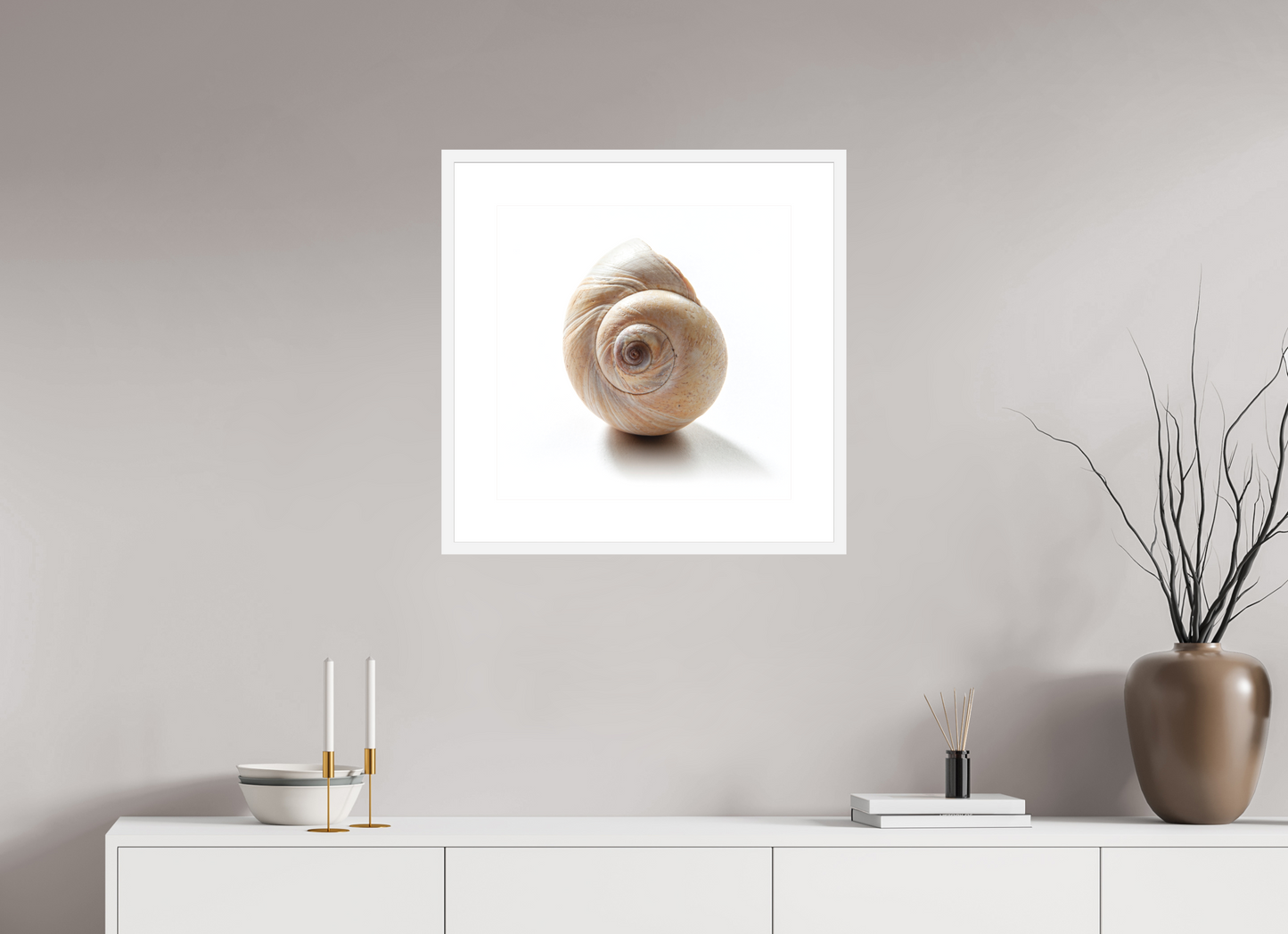 20 x 20″, Solid 0.8" White Wood Frame With 3" Natural White Passe-Partout with Museum Glass Large Sea Shell