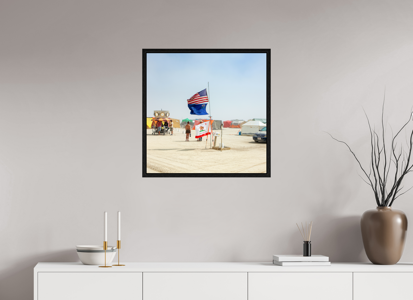 25 x 25″, Floater Frame Burning Man - Woman with Flags
