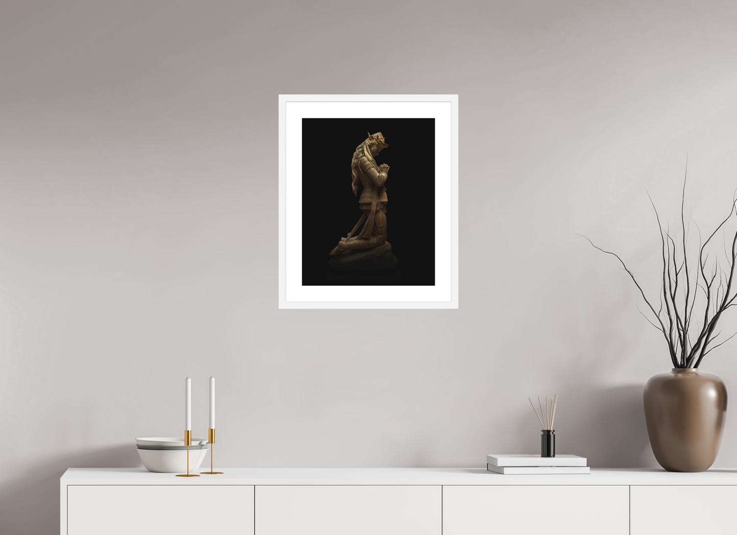 16 x 20″, Solid 0.8" White Wood Frame With 2" Natural White Passe-Partout with Museum Glass Joan of Arc Statue