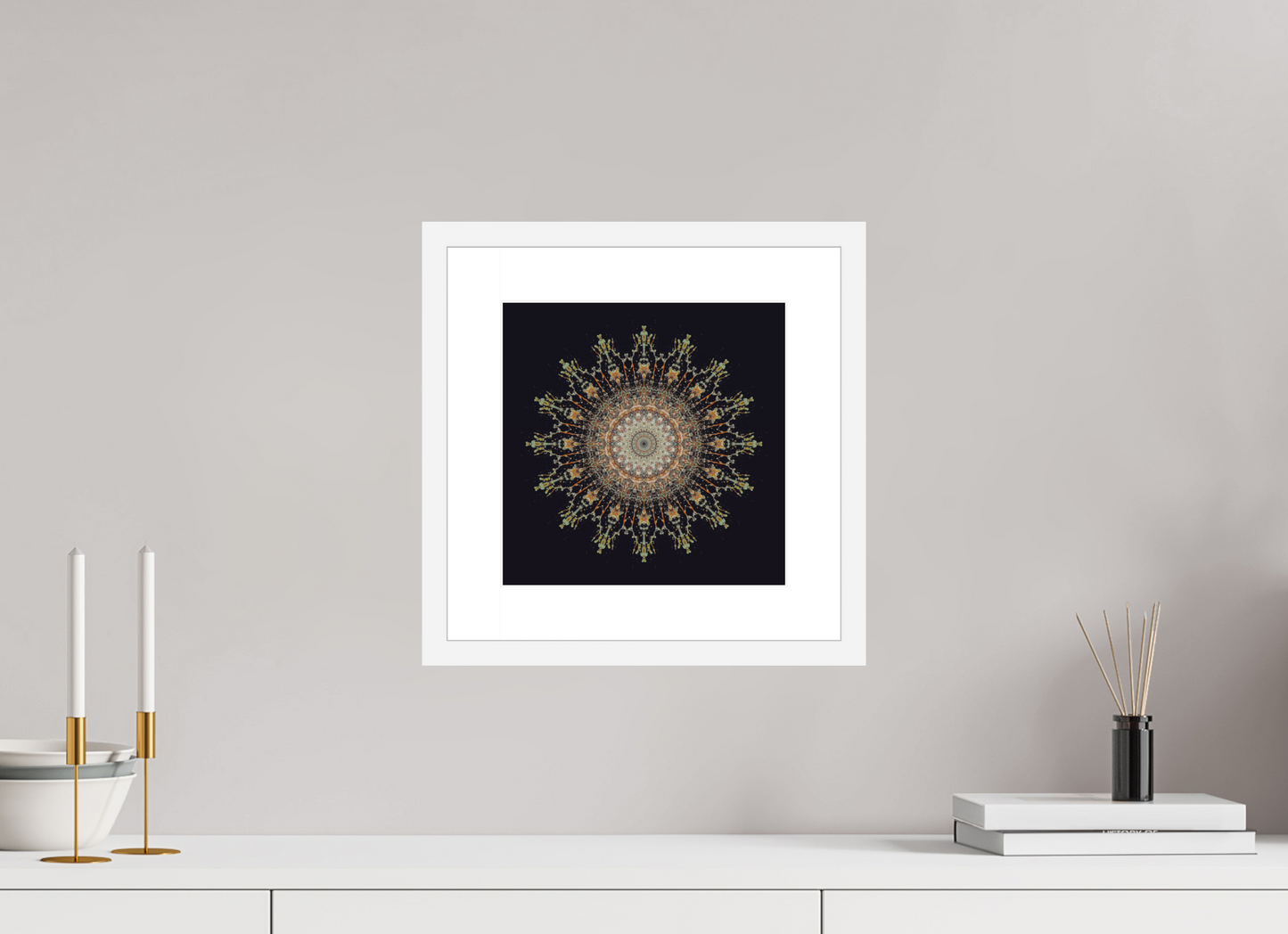 10 x 10″, Solid 0.8" White Wood Frame With 2" Natural White Passe-Partout with Museum Glass Water Mandala No. 4092