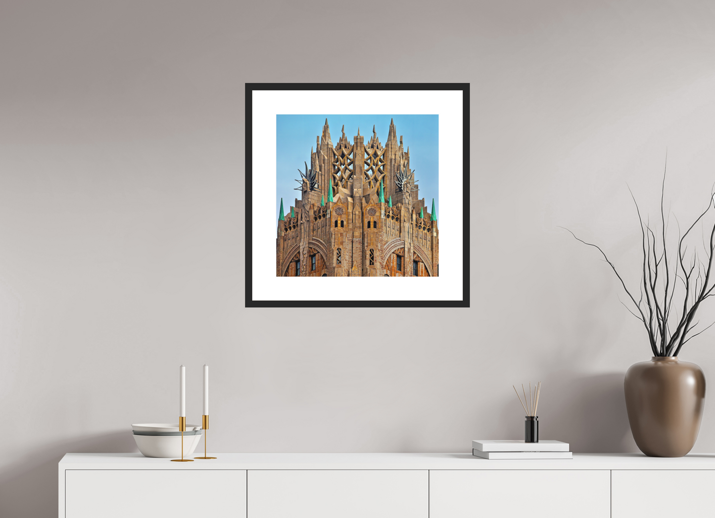 20 x 20″, Solid 0.8" Black Wood Frame With 3" Natural White Passe-Partout with Museum Glass Crown of General Electric Building