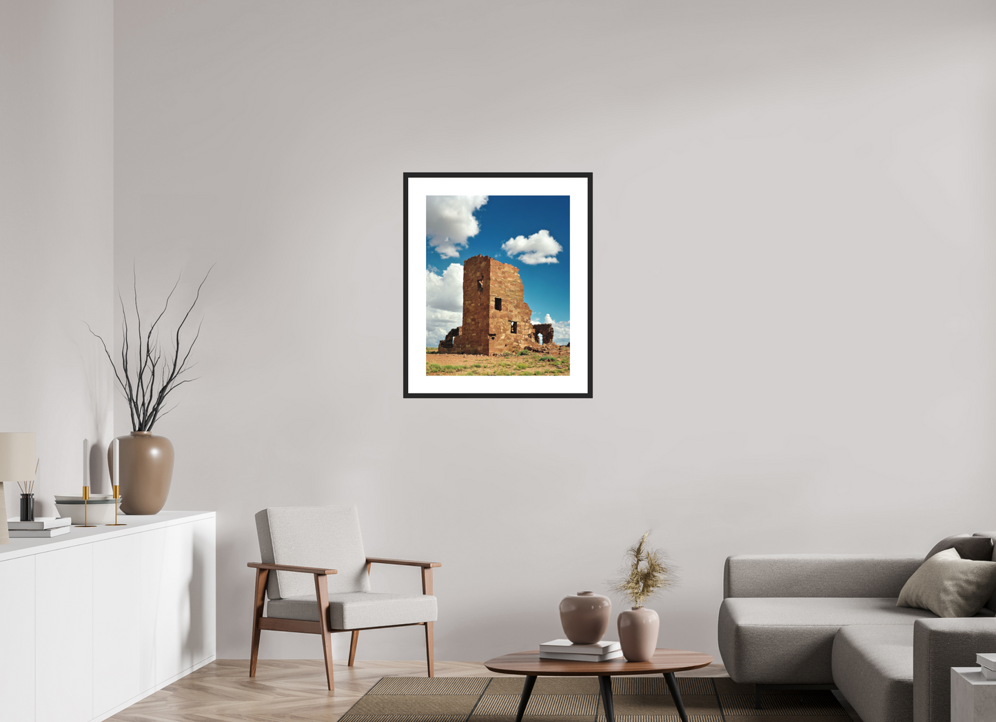 24 x 30″, Solid 0.8" Black Wood Frame With 3" Natural White Passe-Partout with Museum Glass Adobe Ruin