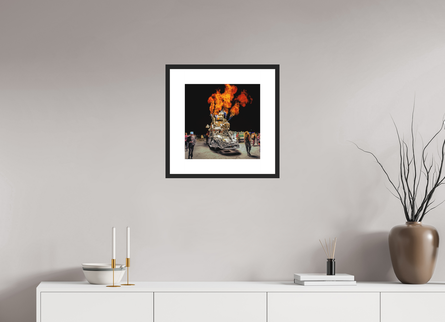 15 x 15″, Solid 0.8" Black Wood Frame With 3" Natural White Passe-Partout with Museum Glass Burning Man - Art Car with Flames (square format)