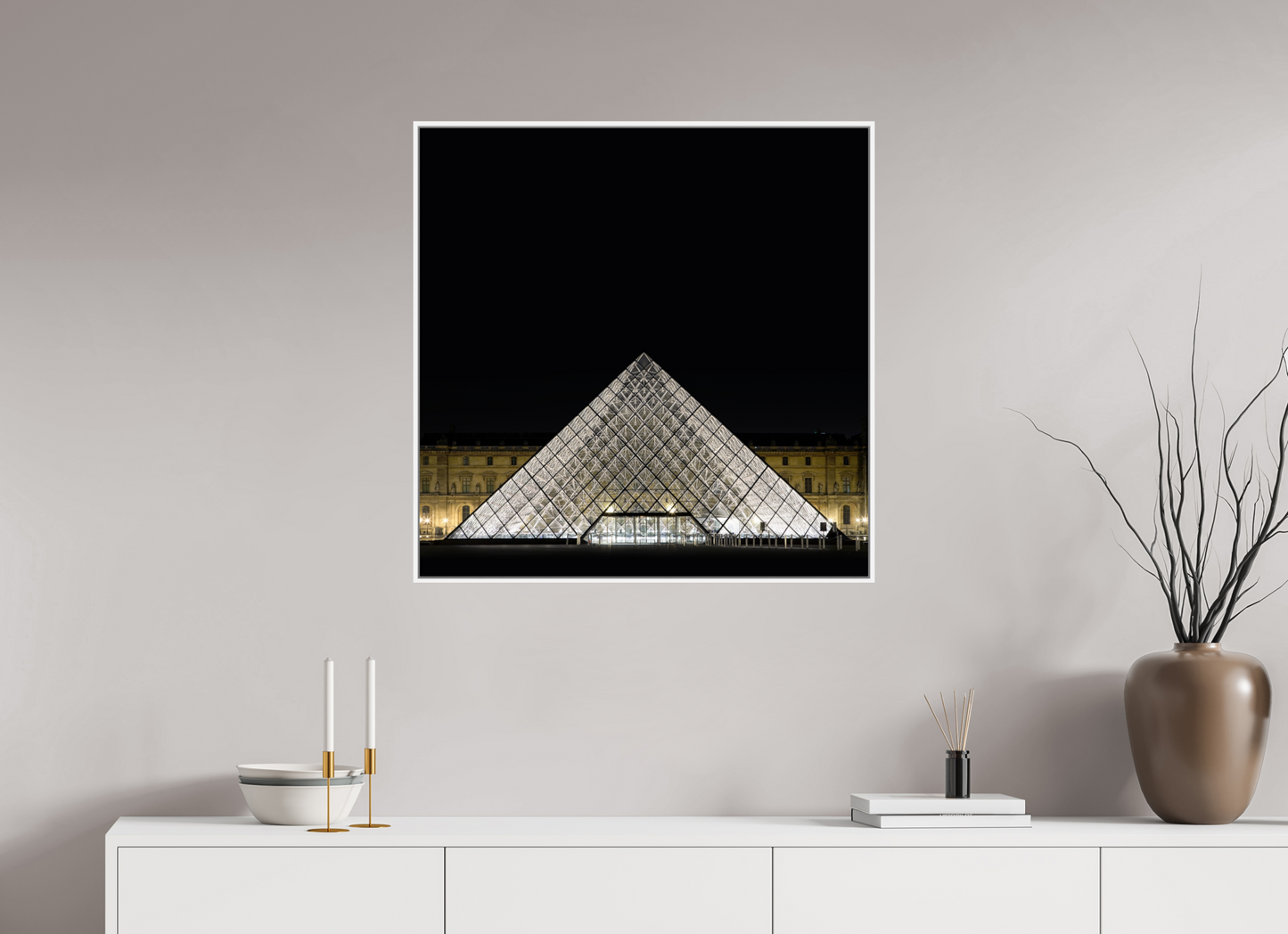30 x 30″, White Matte Frame, No Border The Louvre Pyramid