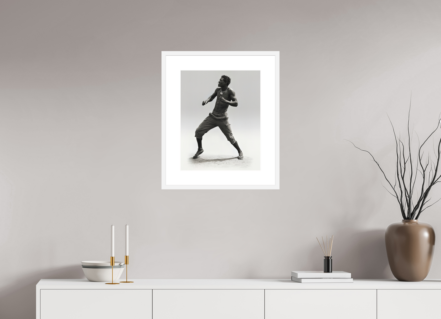 16 x 20″, Solid 0.8" White Wood Frame With 3" Natural White Passe-Partout with Museum Glass Angolan Man Dancing