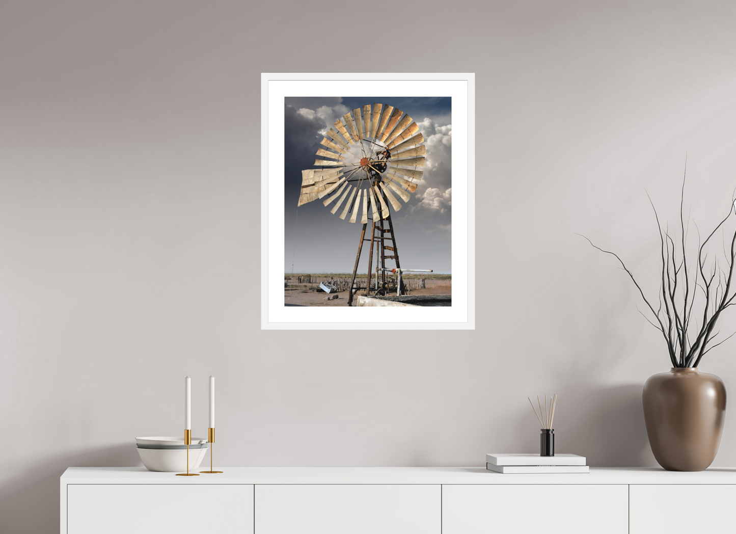 20 x 25″, Solid 0.8" White Wood Frame With 2" Natural White Passe-Partout with Museum Glass Water Wheel
